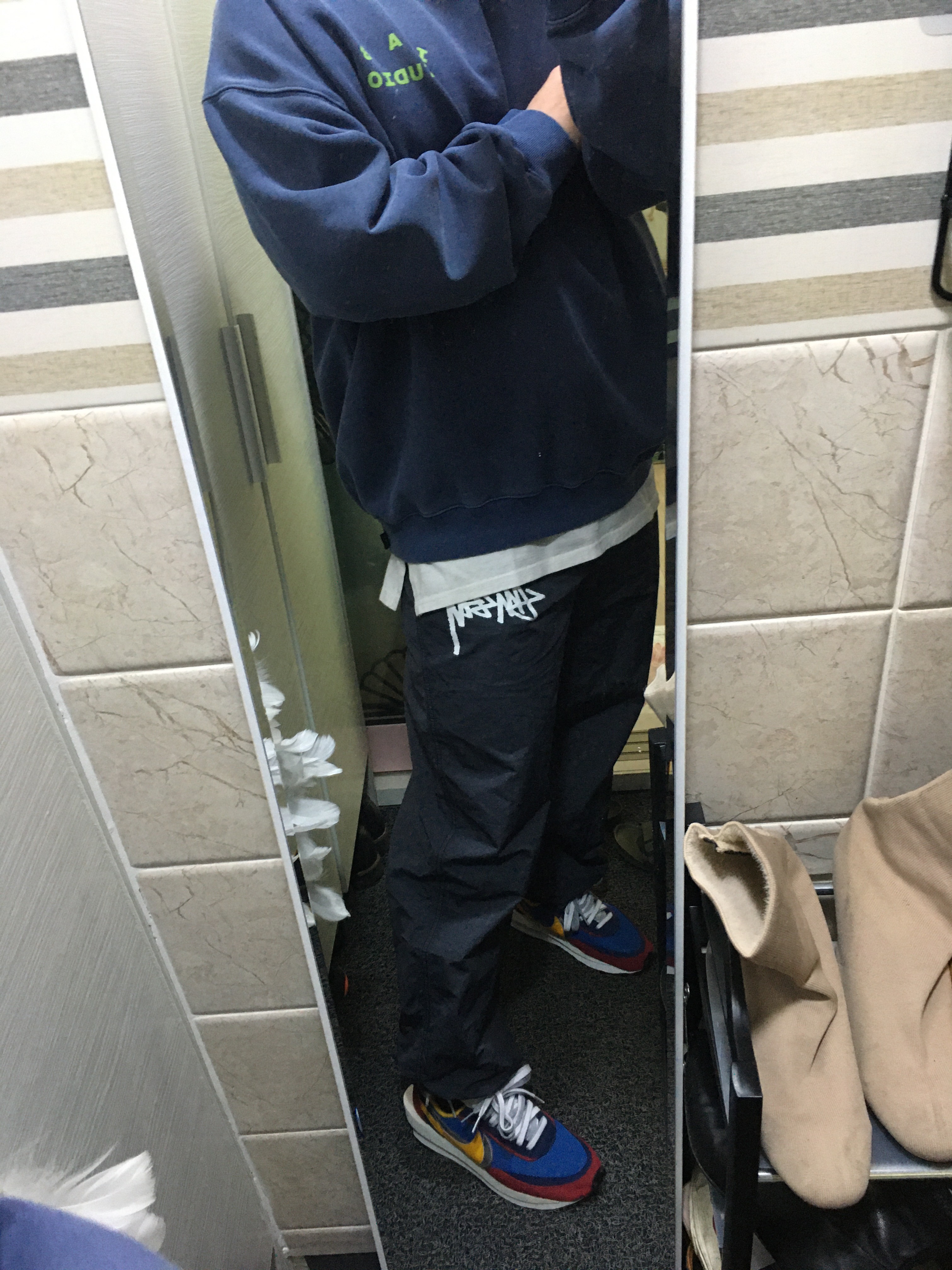 Nike x Sacai LDWaffle Blue Multi, Nike x Stussy Beach Pants Off Noir 착용 스타일 - 1