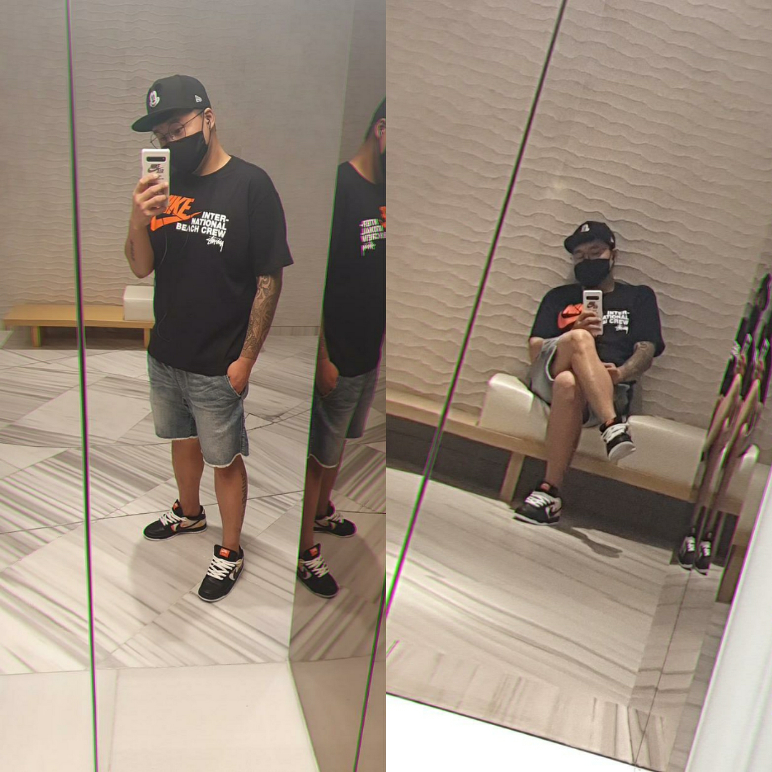 Nike SB Dunk Low Raygun Tie-Dye Black, Nike x Stussy International Beach Crew T-Shirt Black - Asia 착용 스타일