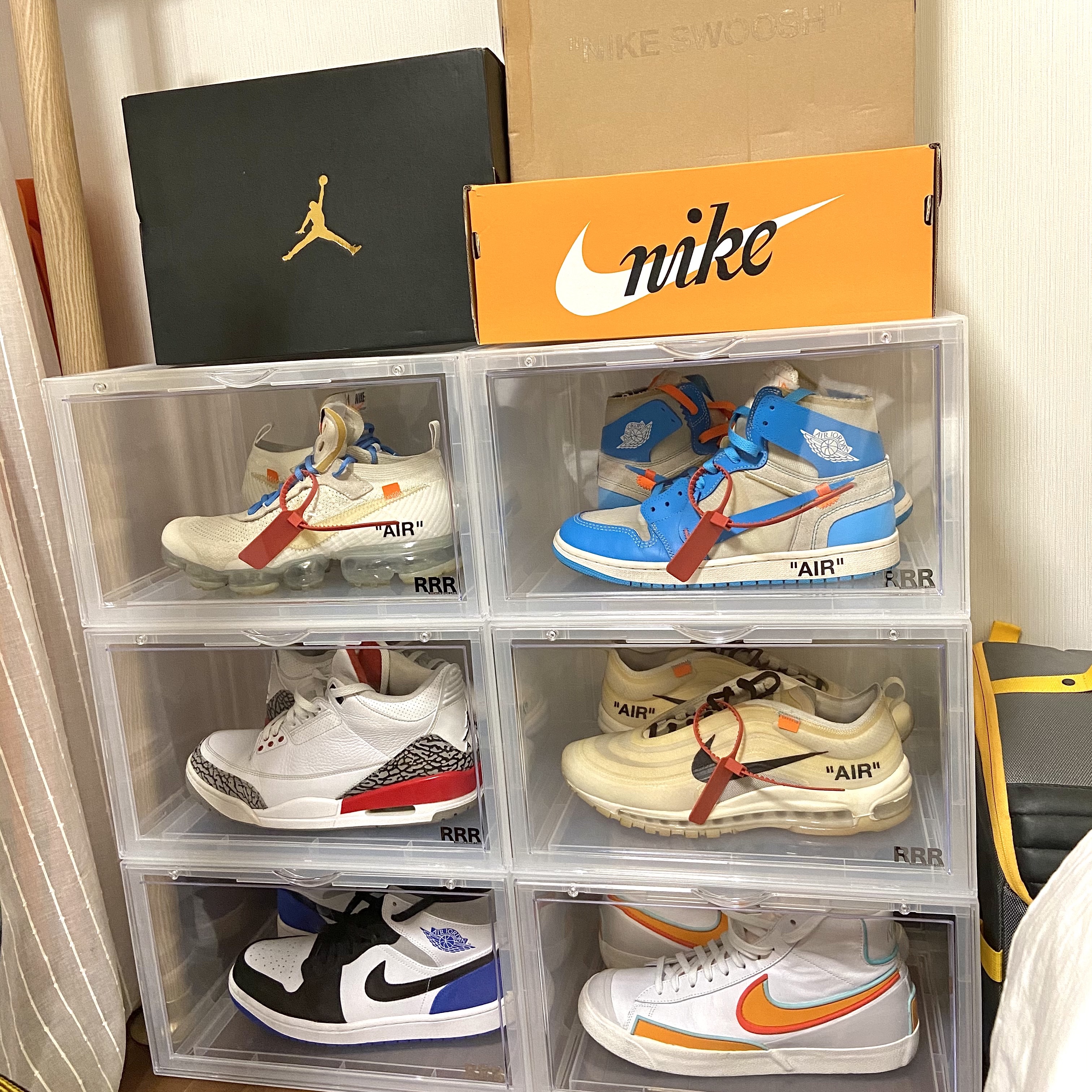 Jordan 1 x Off-White Retro High University Blue, Nike x Off-White Air VaporMax V2 White 착용 스타일