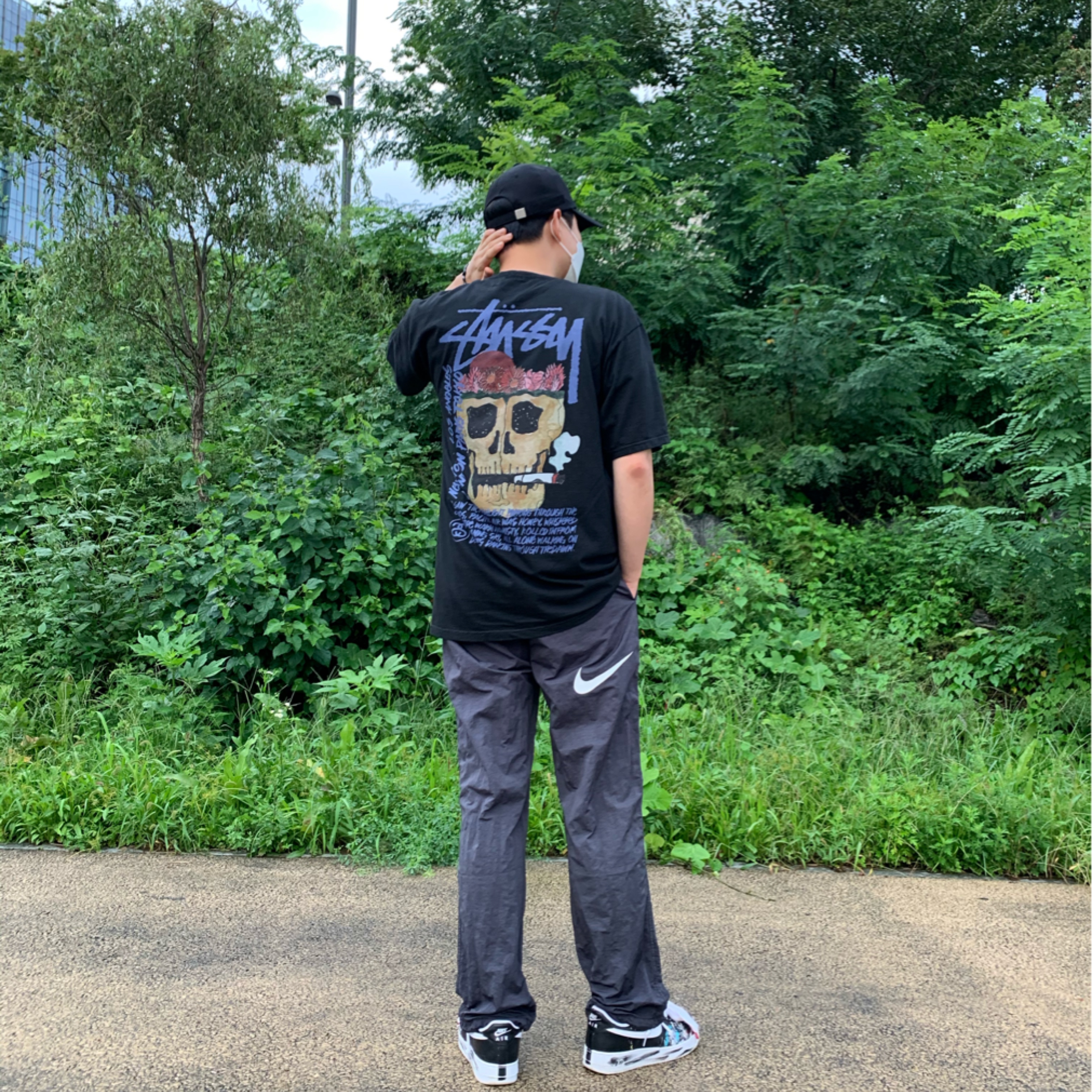 Nike x Stussy Beach Pants Off Noir, Nike x Peaceminusone Air Force 1 Low Para-Noise 착용 스타일