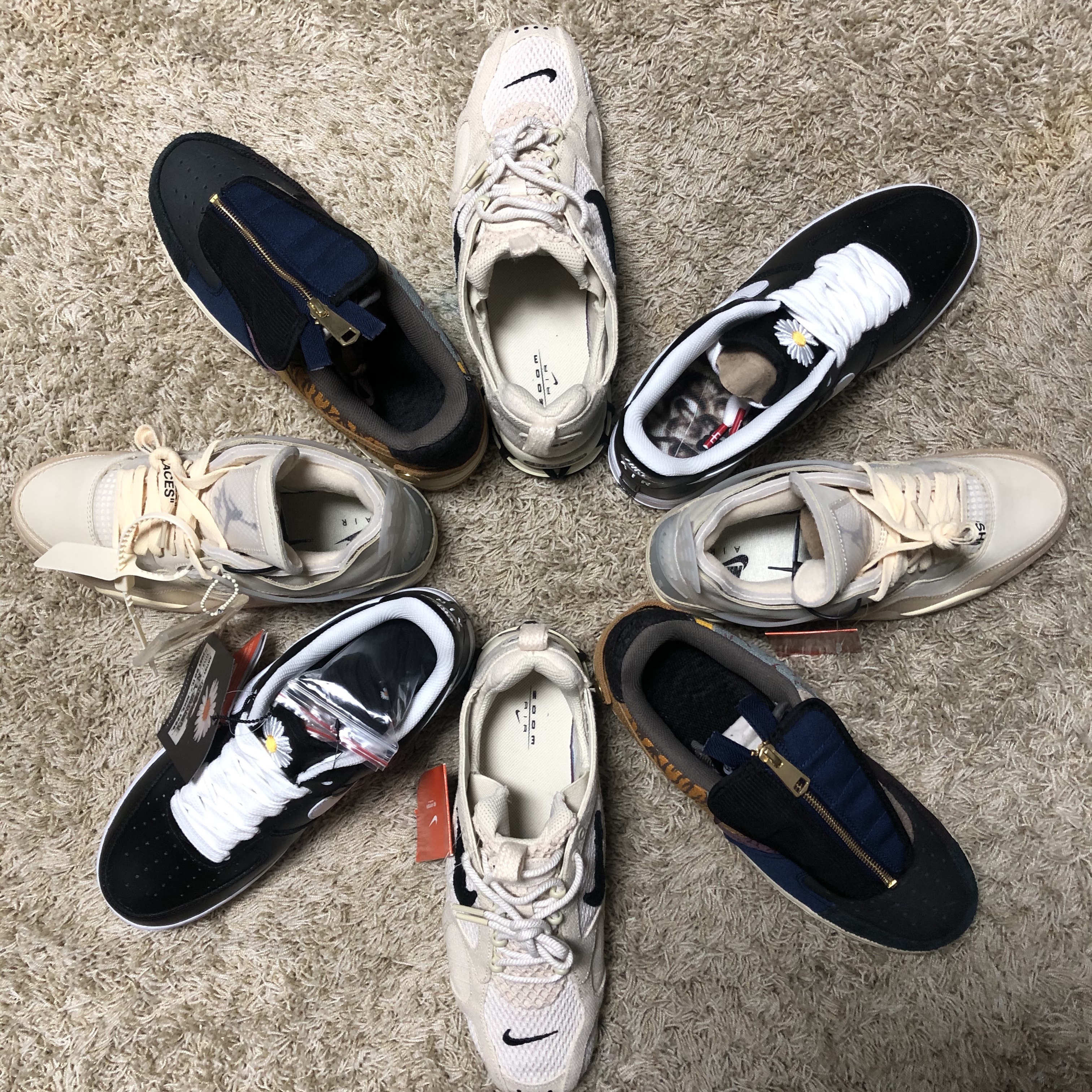 Nike x Stussy Air Zoom Spiridon Cage 2 Fossil, (W) Jordan 4 x Off-White Retro SP Sail 착용 스타일