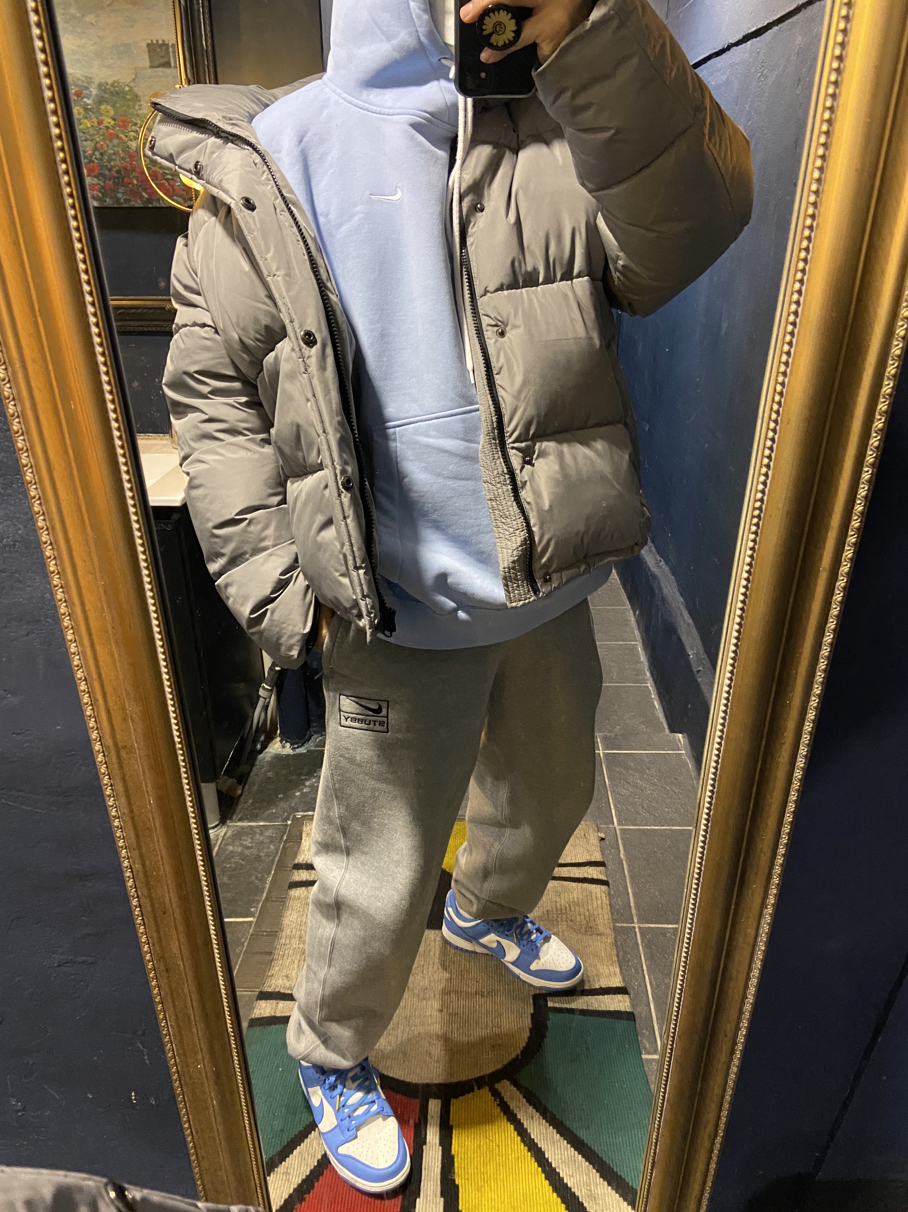 Nike M NRG Hoodie Psychic Blue, Nike x Stussy NRG BR Fleece Pants Grey 착용 스타일