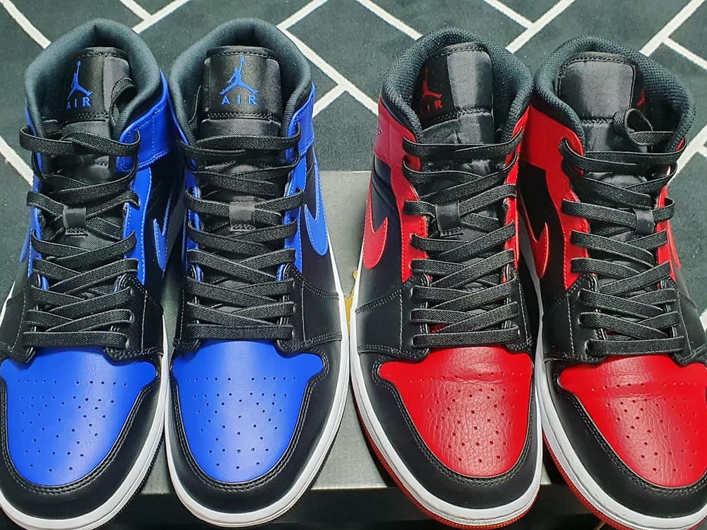 Jordan 1 Mid Black Hyper Royal, Jordan 1 Mid Bred Banned 2020 착용 스타일