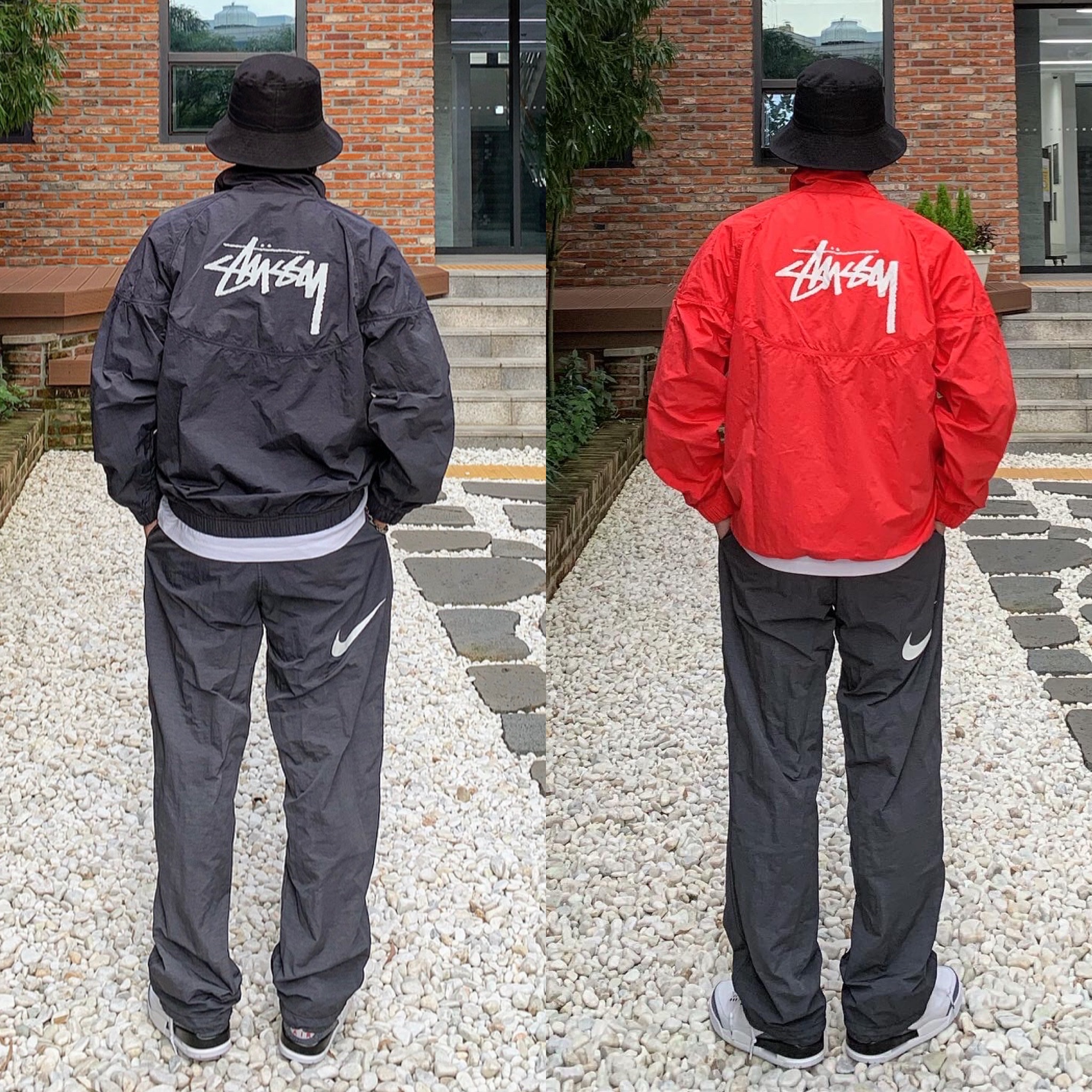 Nike x Stussy Beach Pants Off Noir, Nike x Stussy Windrunner Jacket Habanero Red 착용 스타일