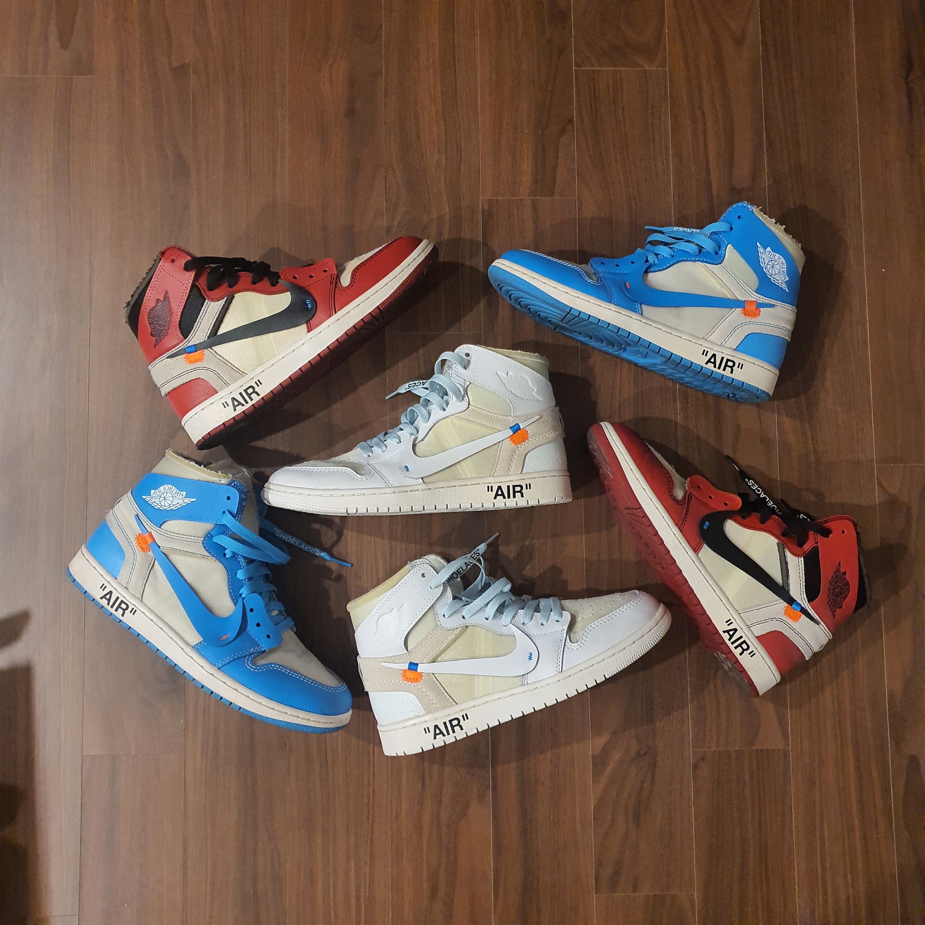 Jordan 1 x Off-White Retro High University Blue, Jordan 1 x Off-White Retro High White 착용 스타일