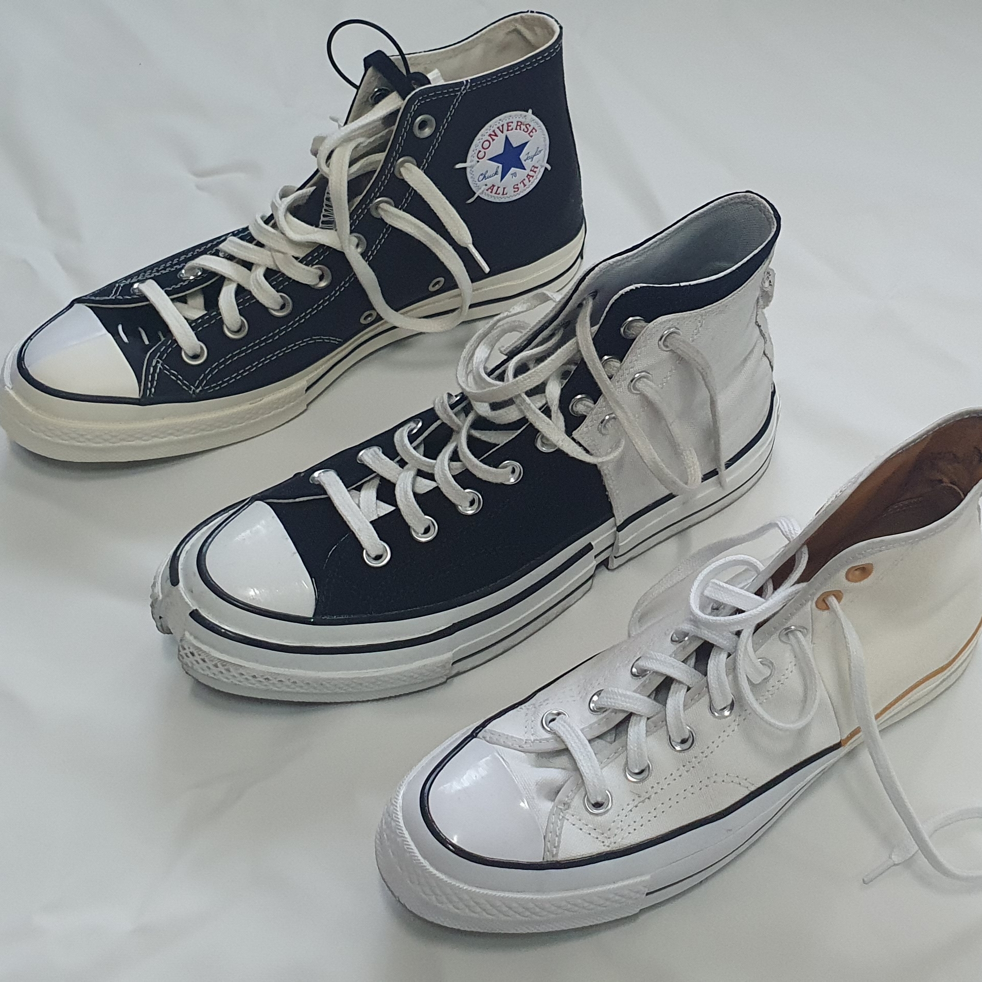 Converse x Feng Chen Wang Chuck 70 2-in-1 Natural Ivory Black, Converse x Slam Jam Chuck 70 Hi Reconstructed Black 착용 스타일