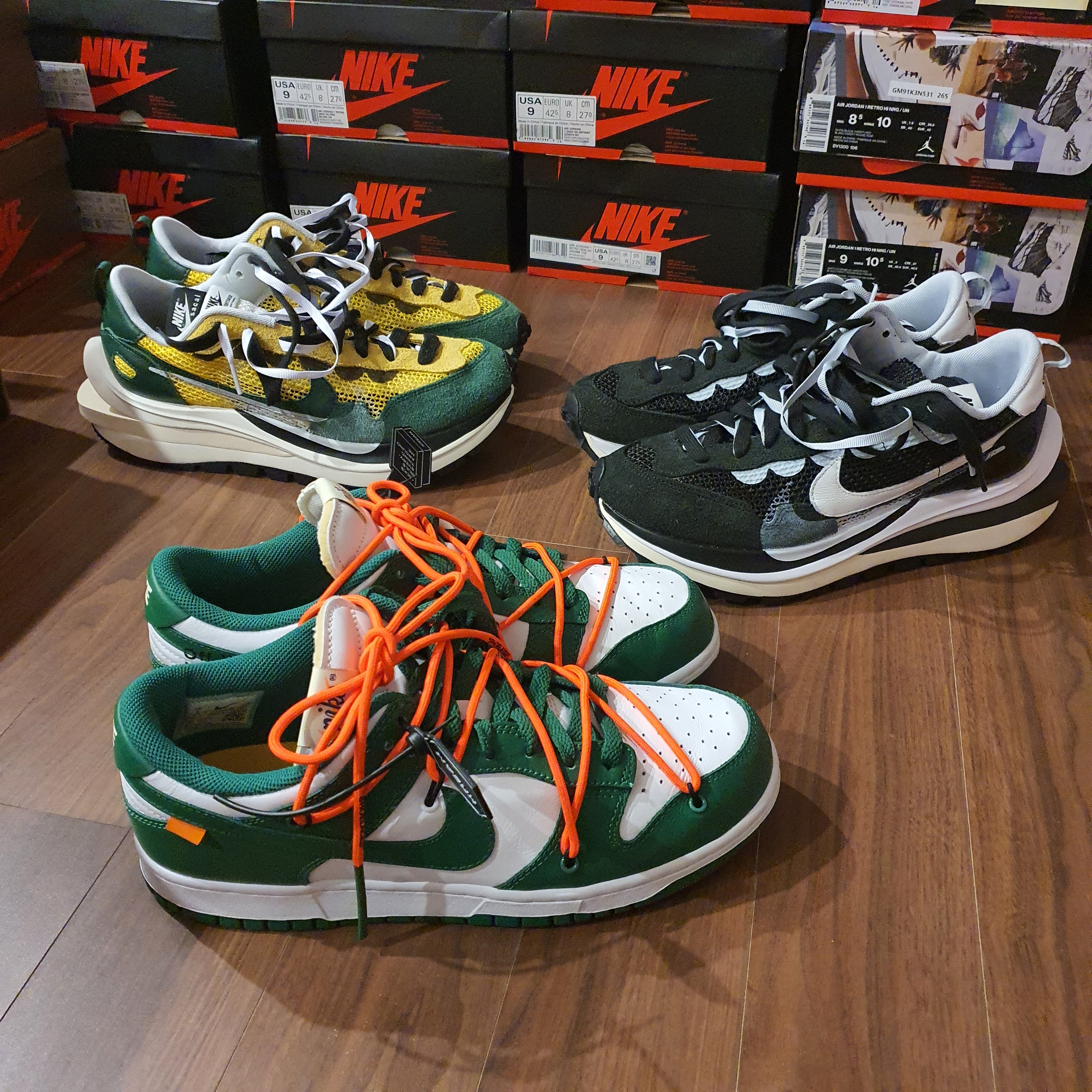 Nike x Sacai VaporWaffle Tour Yellow & Gorge Green Sail, Nike x Sacai VaporWaffle Black White 착용 스타일