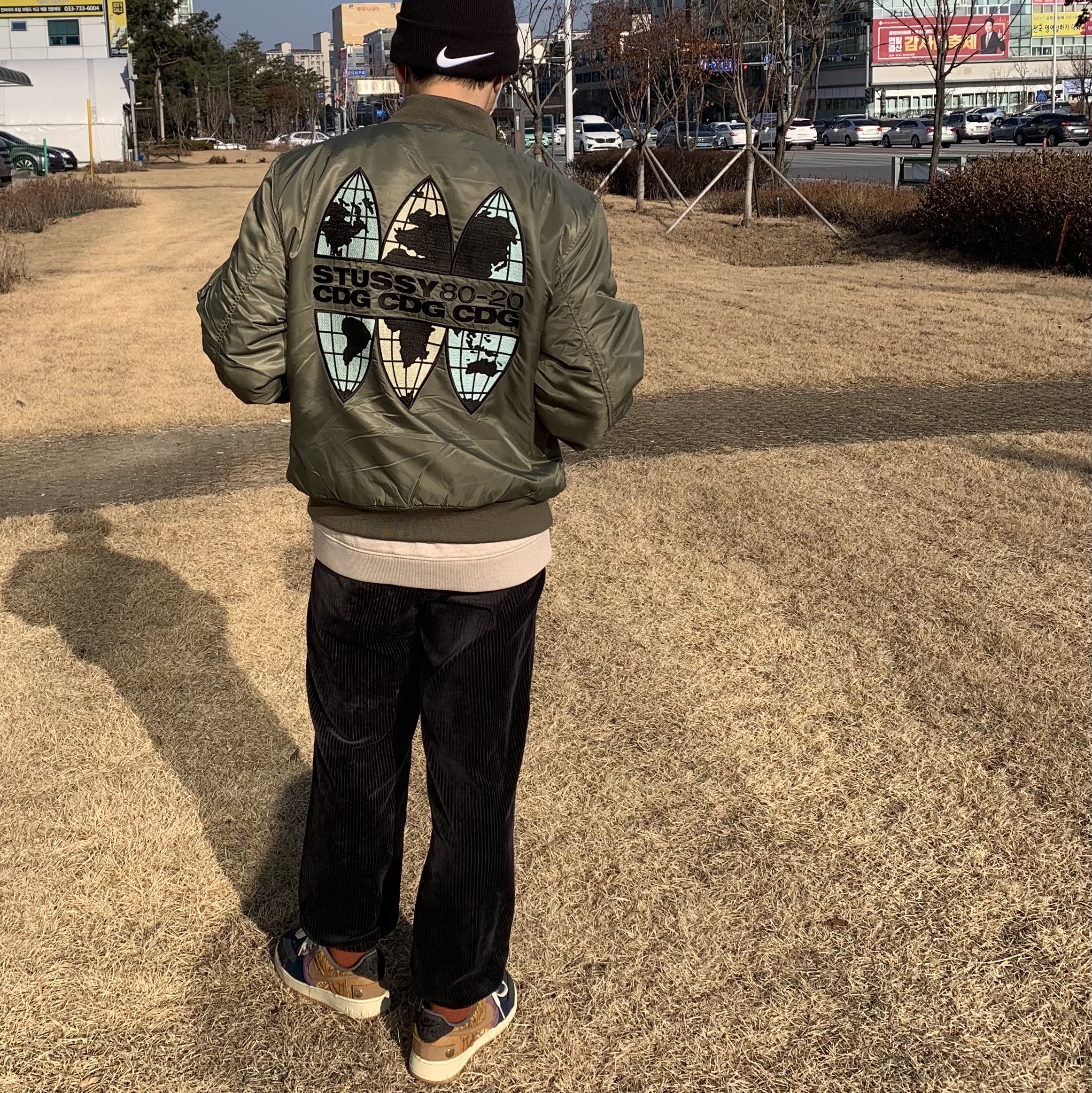 Stussy x CDG MA-1 Jacket Olive, Nike x Stussy Cuff Beanie 착용 스타일