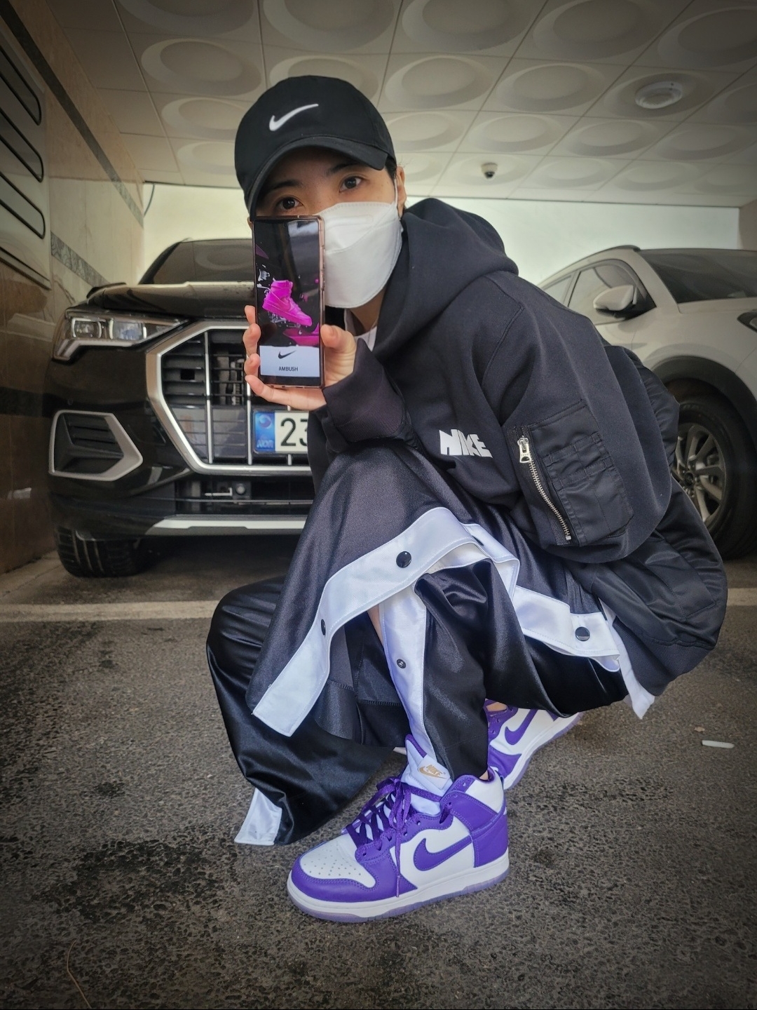 (W) Nike Dunk High SP Varsity Purple, Nike x Sacai NRG Hoodie Black 착용 스타일