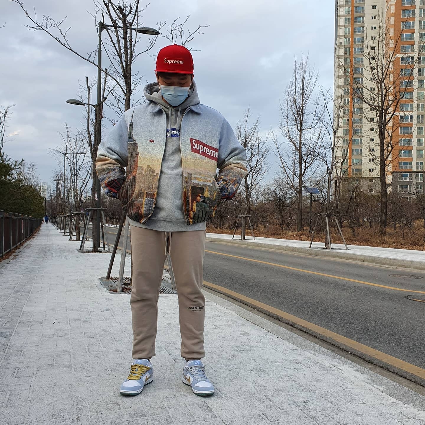 Supreme Aerial Tapestry Harrington Jacket - 20FW, Supreme Bandana Box Logo Hooded Sweatshirt Heather Grey - 19FW 착용 스타일 - 2