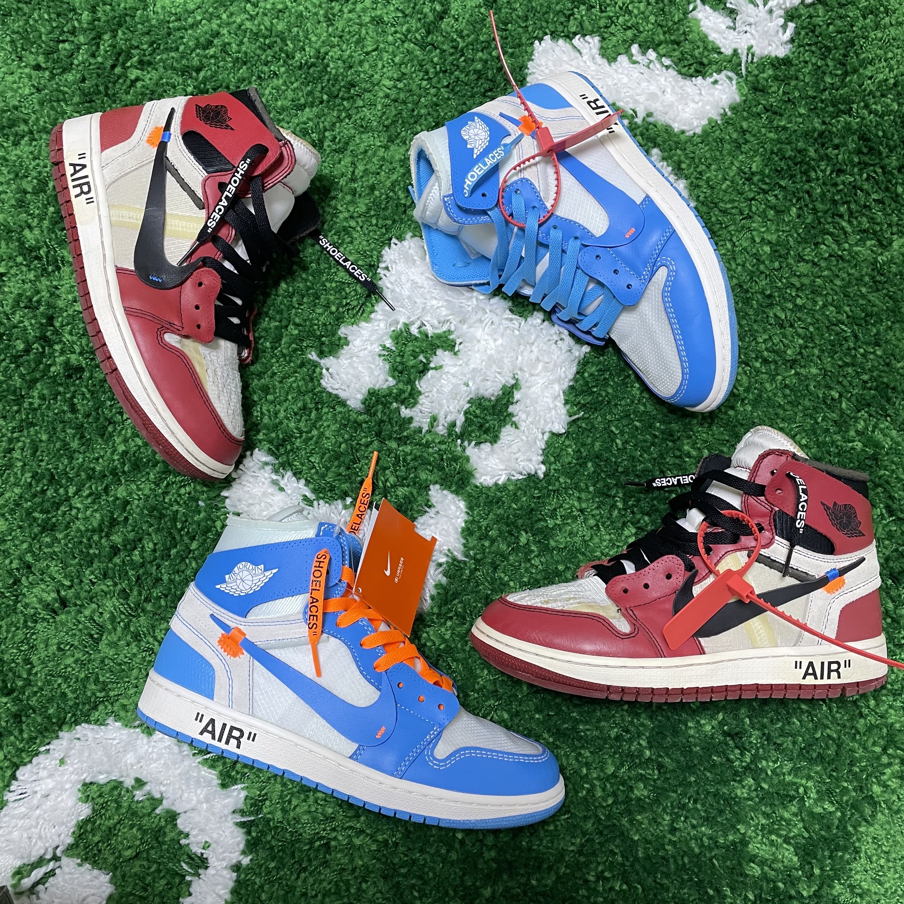 Jordan 1 x Off-White Retro High Chicago The Ten, Jordan 1 x Off-White Retro High University Blue 착용 스타일