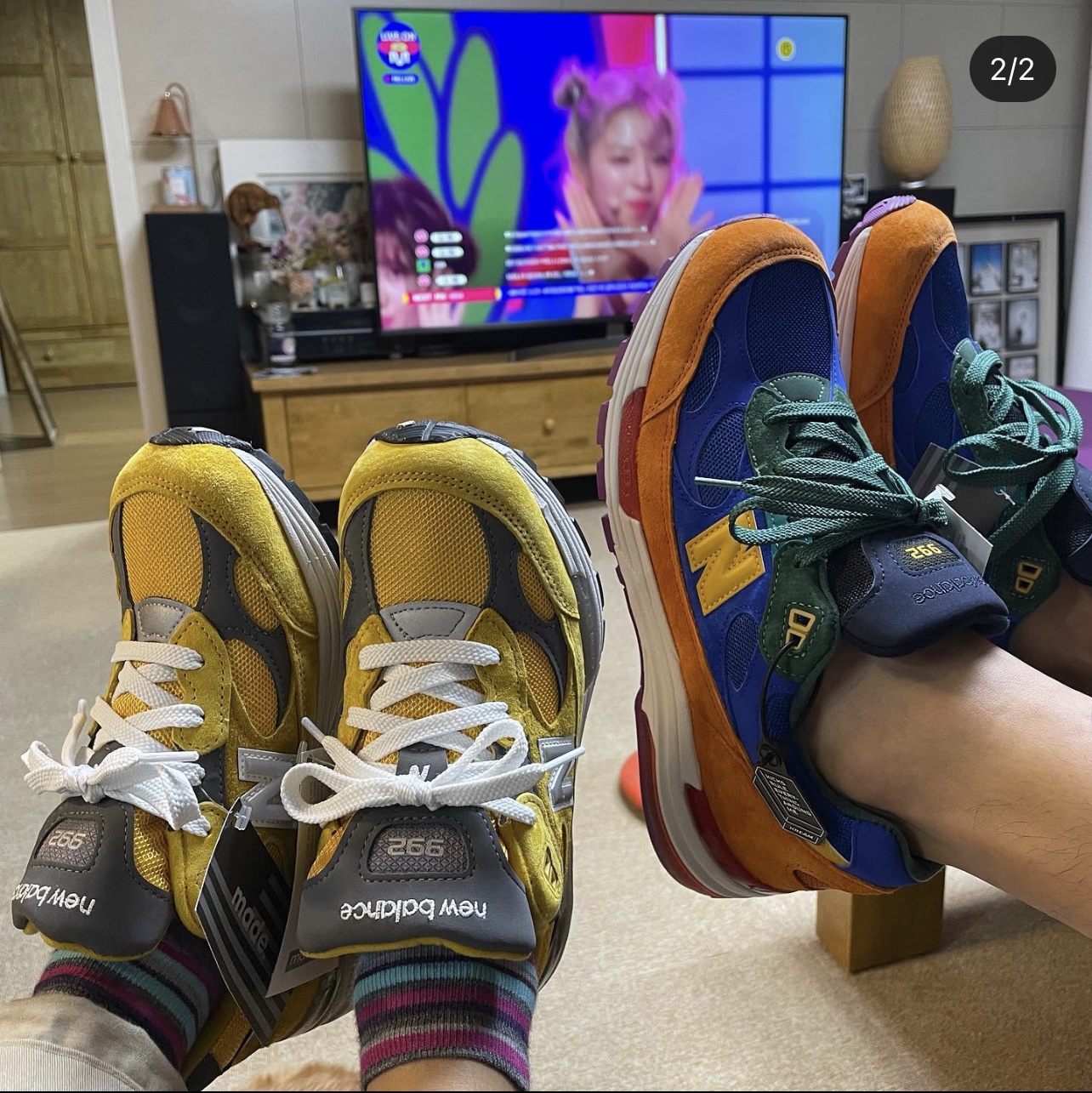 New Balance 992 Made in USA Gold Cream, New Balance 992 Made in USA Multi-Color 착용 스타일