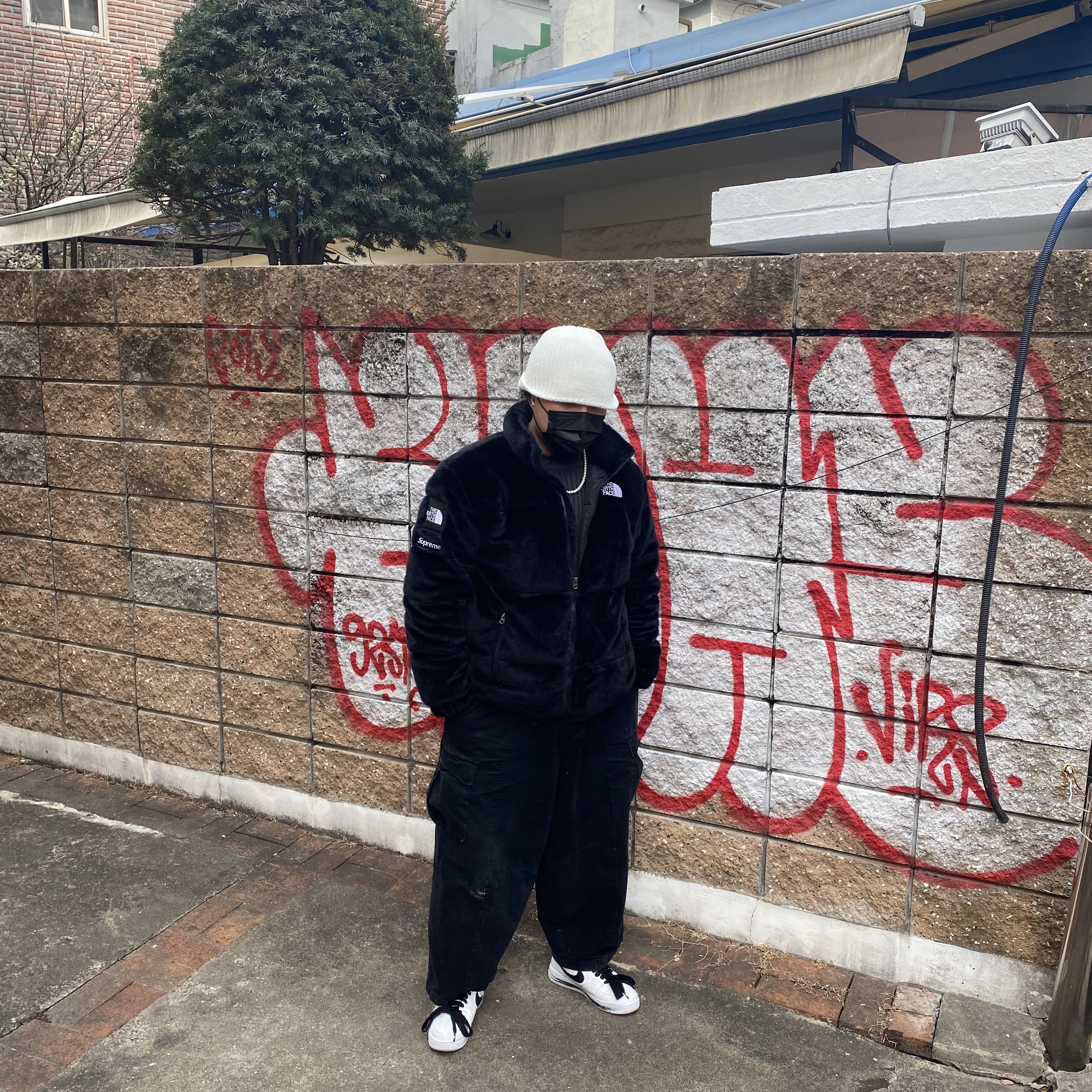 Nike Air Force 1 '07 Low White, Supreme x The North Face Faux Fur Nuptse Jacket Black - 20FW 착용 스타일
