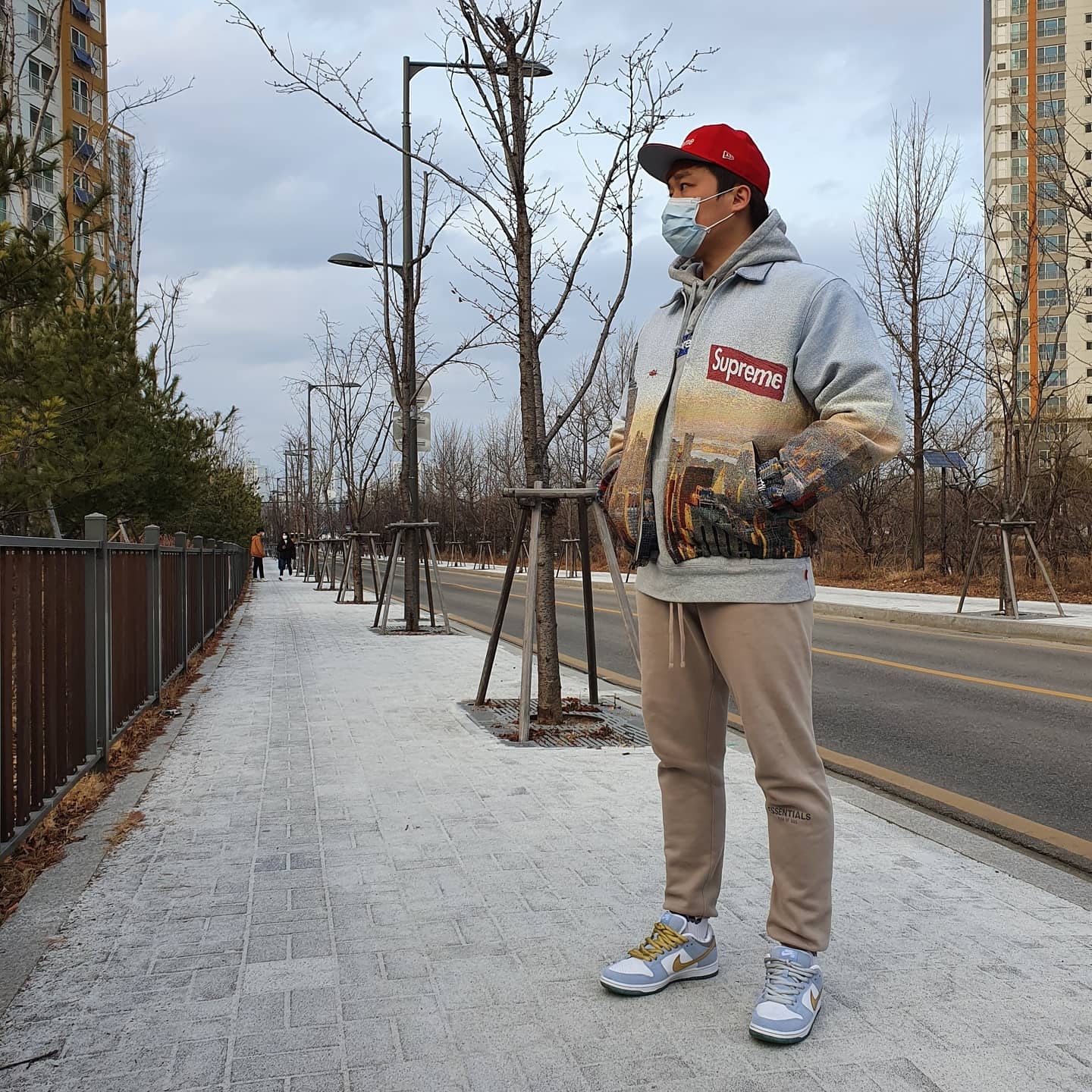 Supreme Aerial Tapestry Harrington Jacket - 20FW, Supreme Bandana Box Logo Hooded Sweatshirt Heather Grey - 19FW 착용 스타일 - 4