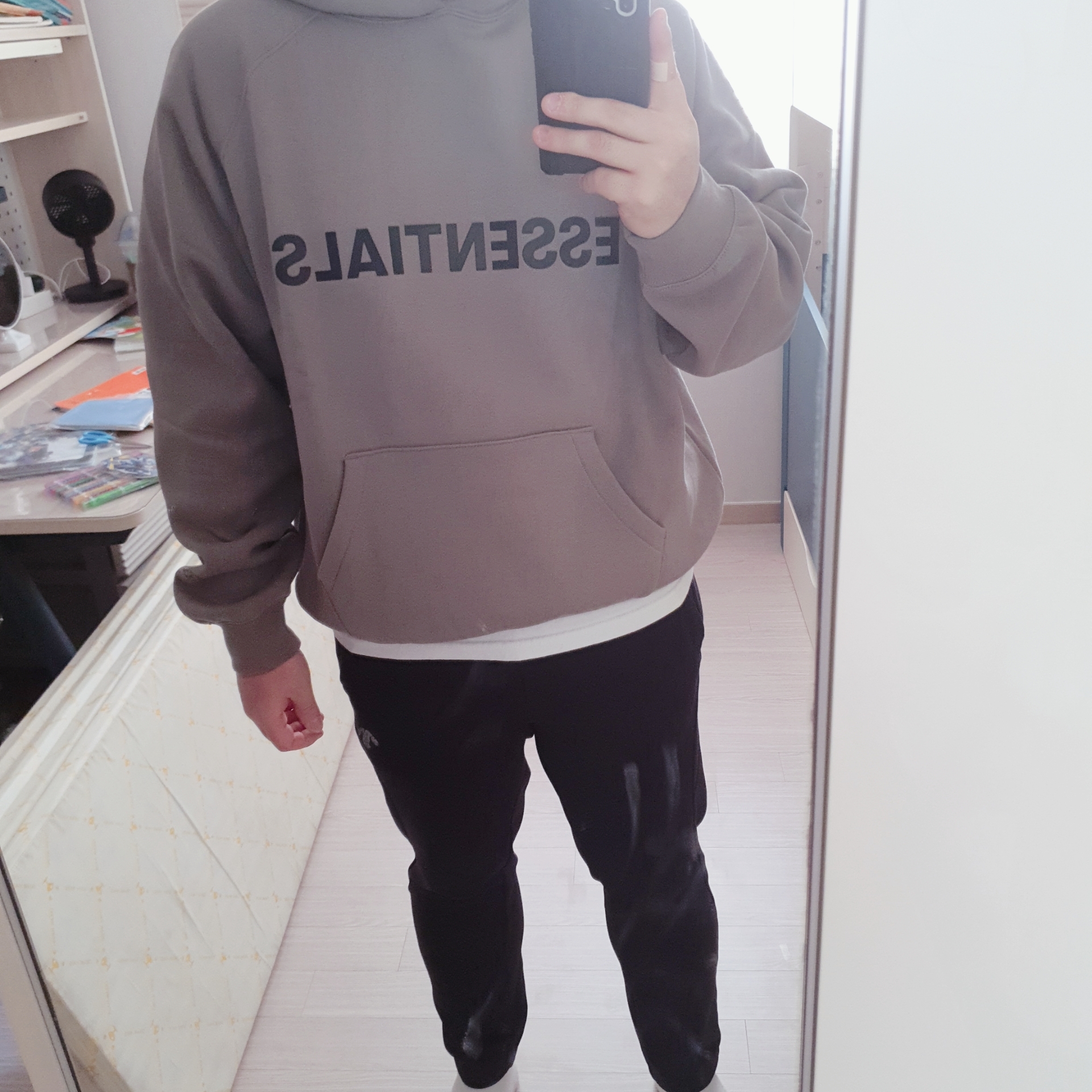 Essentials 3D Silicon Applique Pullover Hoodie Cement - 20FW 착용 스타일