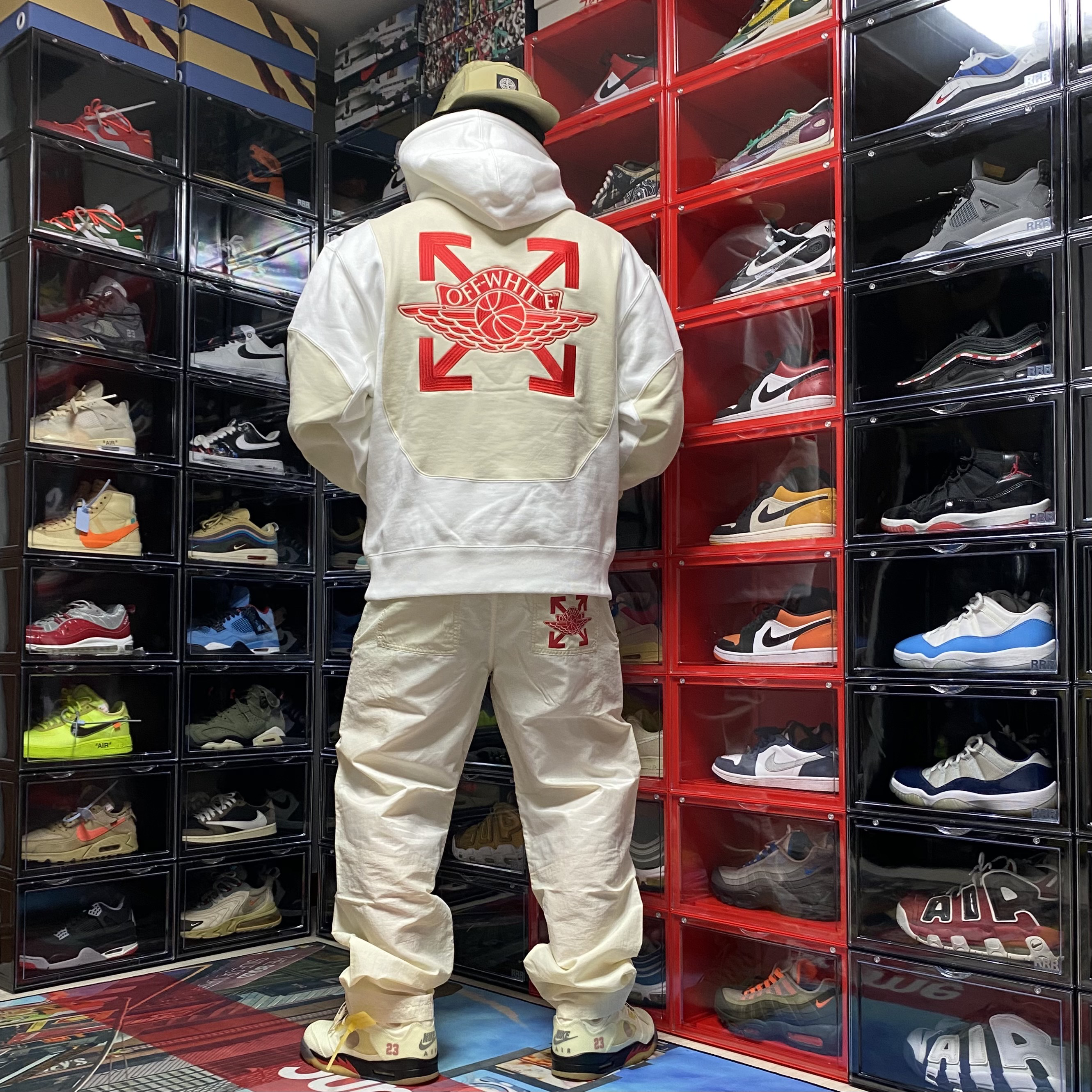 Jordan 5 x Off-White Retro SP Sail Fire Red, Jordan x Off-White Fleece Pullover Hoodie Sail - Asia 착용 스타일