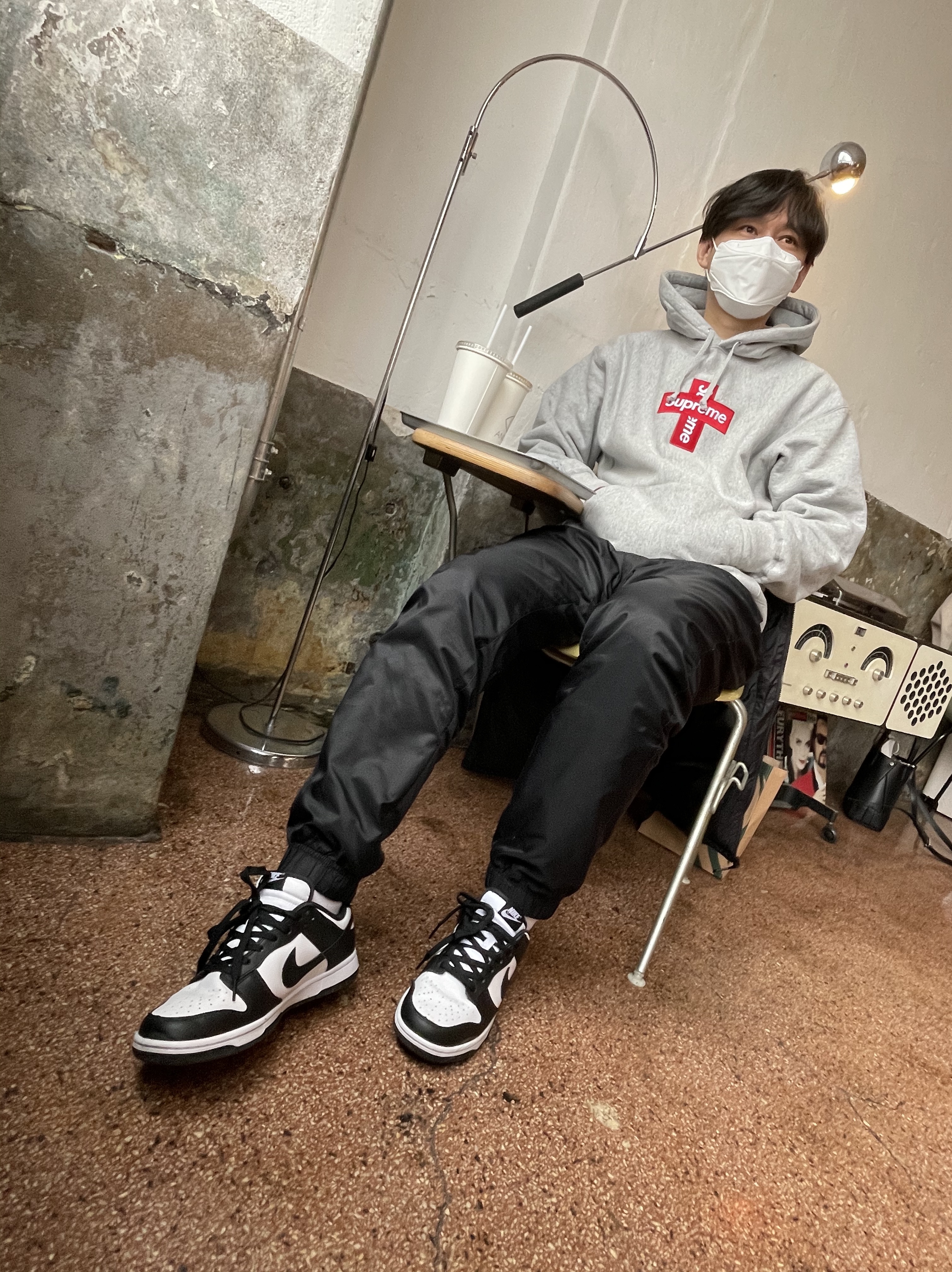 Nike Dunk Low Retro Black, Supreme Cross Box Logo Hooded Sweatshirt Heather Grey - 20FW 착용 스타일 - 1