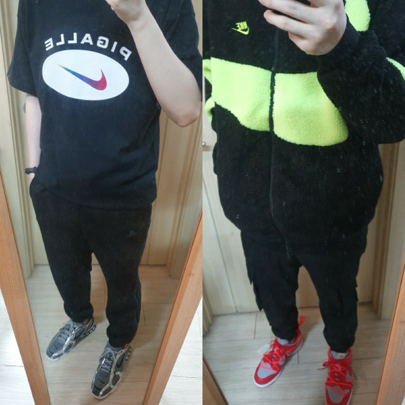 Nike x Stussy Air Zoom Spiridon Cage 2 Pure Platinum, Nike x Off-White Dunk Low University Red 착용 스타일
