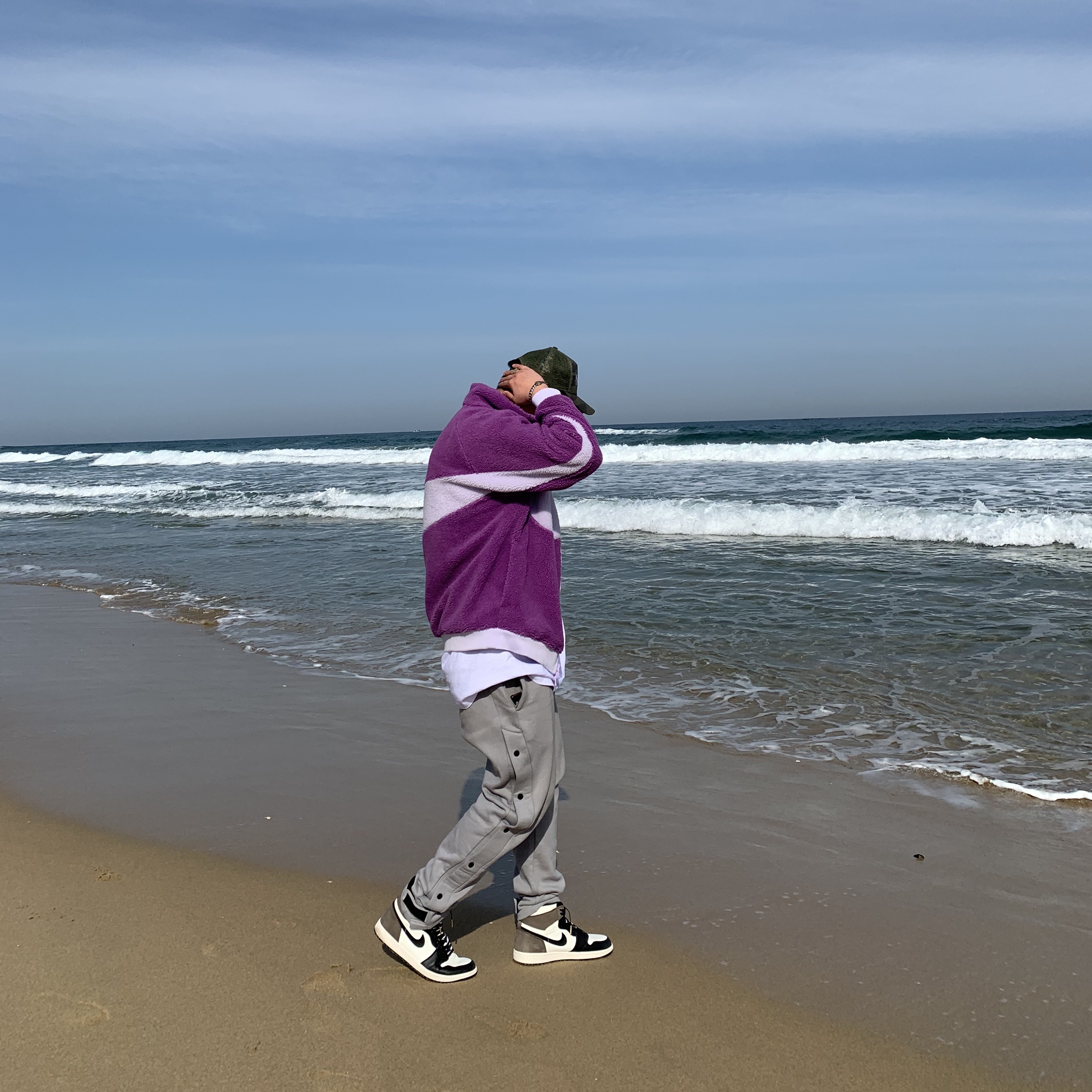 Nike Big Swoosh Full Zip Jacket Purple Violet, Nike x Fear of God Warm Up Pants Dust 착용 스타일 - 2