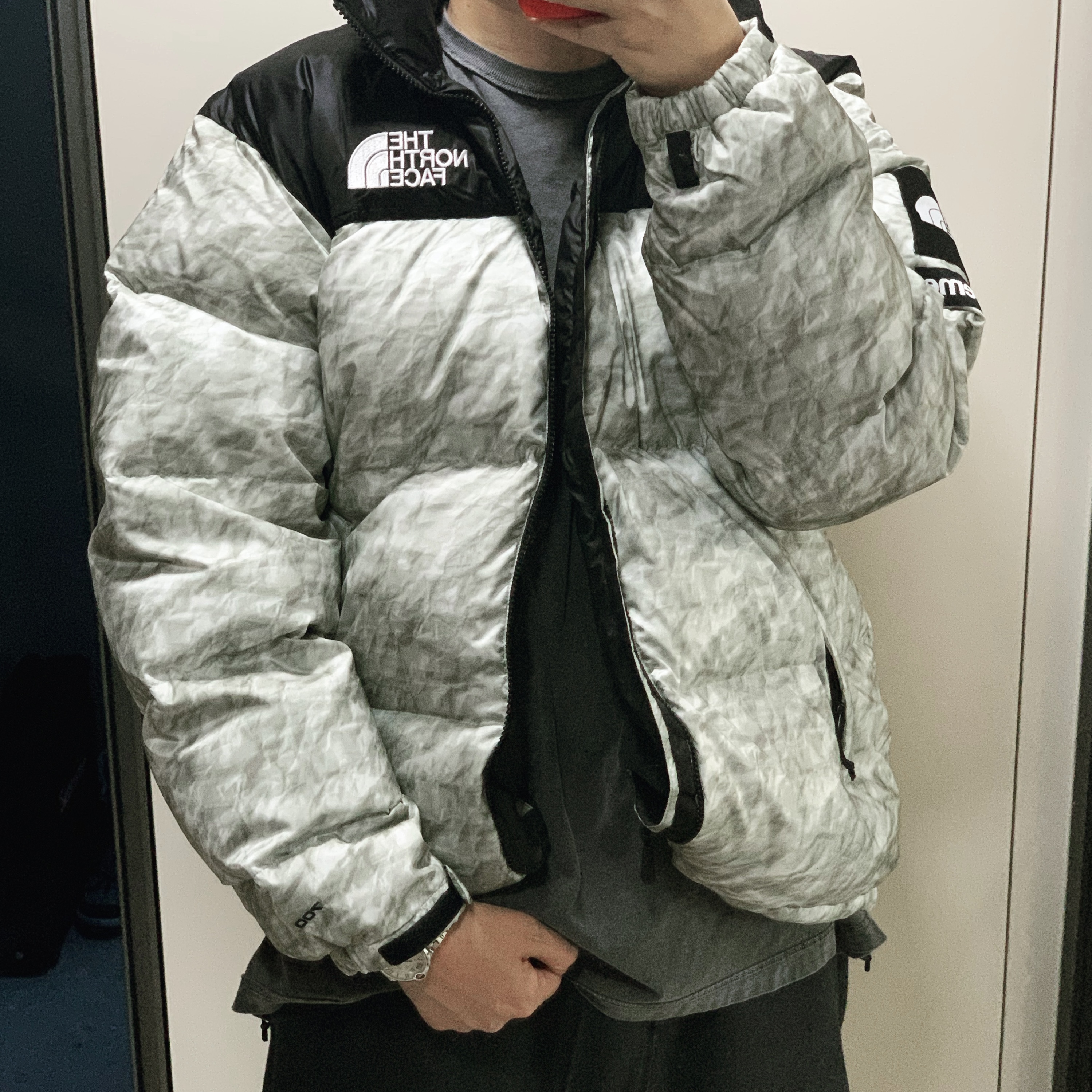 Supreme x The North Face Paper Print Nuptse Jacket - 19FW, Jordan 5 Retro Anthracite 착용 스타일 - 2
