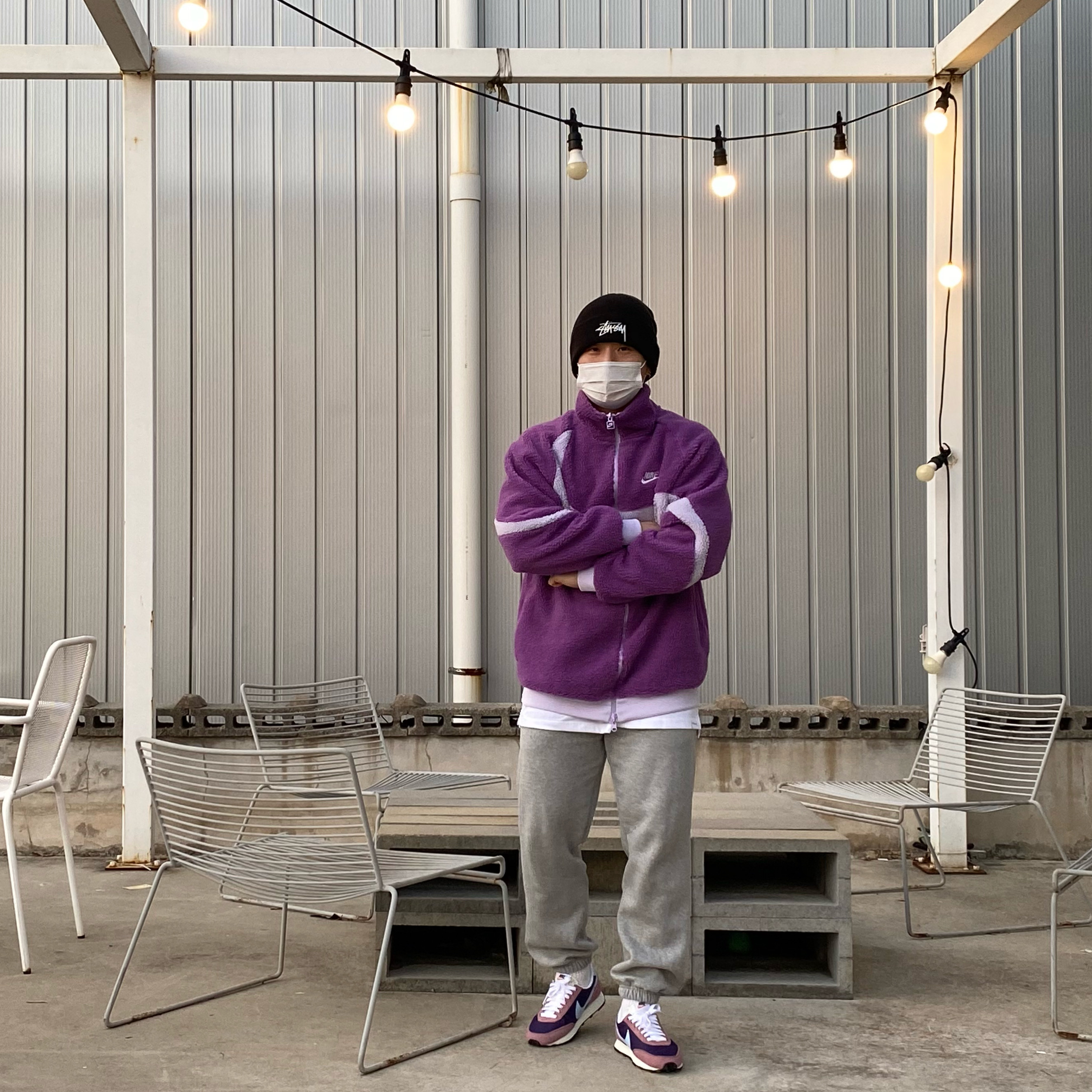 Nike x Stussy Cuff Beanie Black, Nike Big Swoosh Full Zip Jacket Purple Violet 착용 스타일