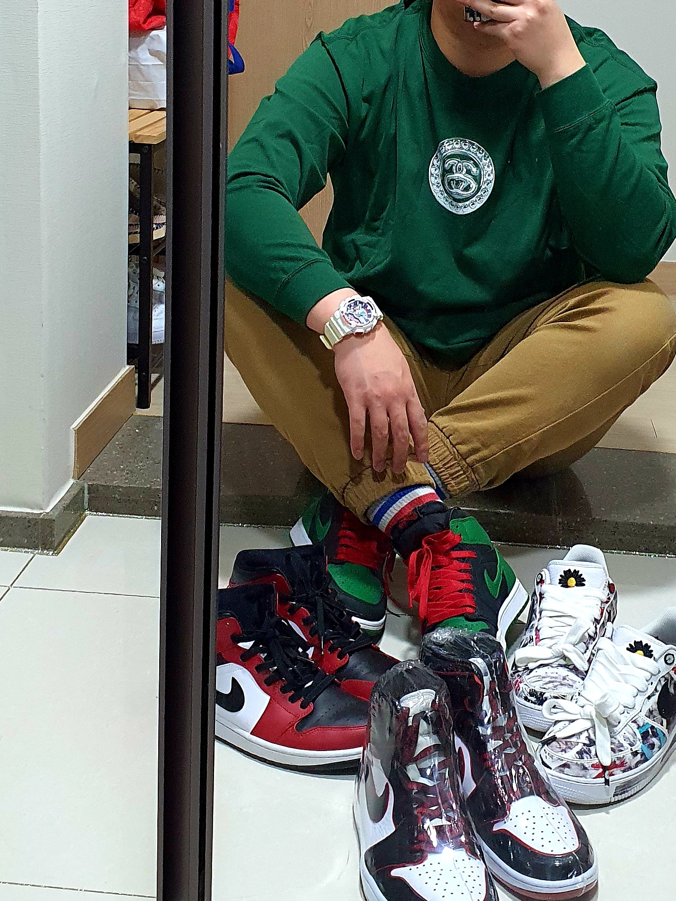 Nike x Stussy Big Swoosh LS T-Shirt Green - US/EU, Jordan 1 Retro High OG Pine Green Black 착용 스타일