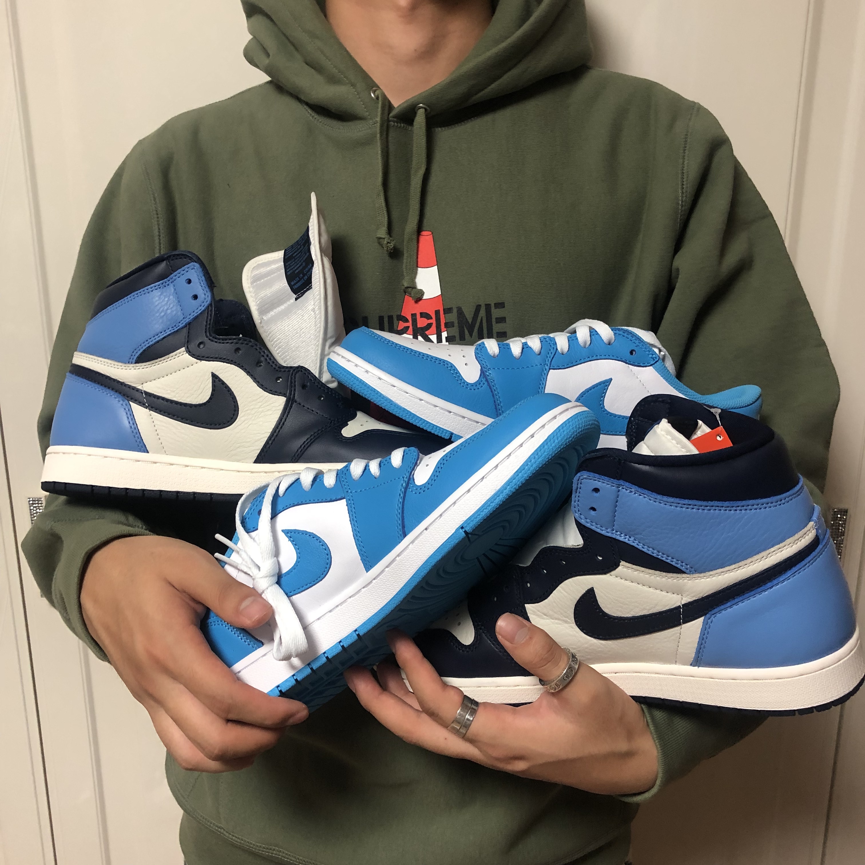 Jordan 1 Retro High Obsidian UNC, Jordan 1 Low SB UNC 착용 스타일