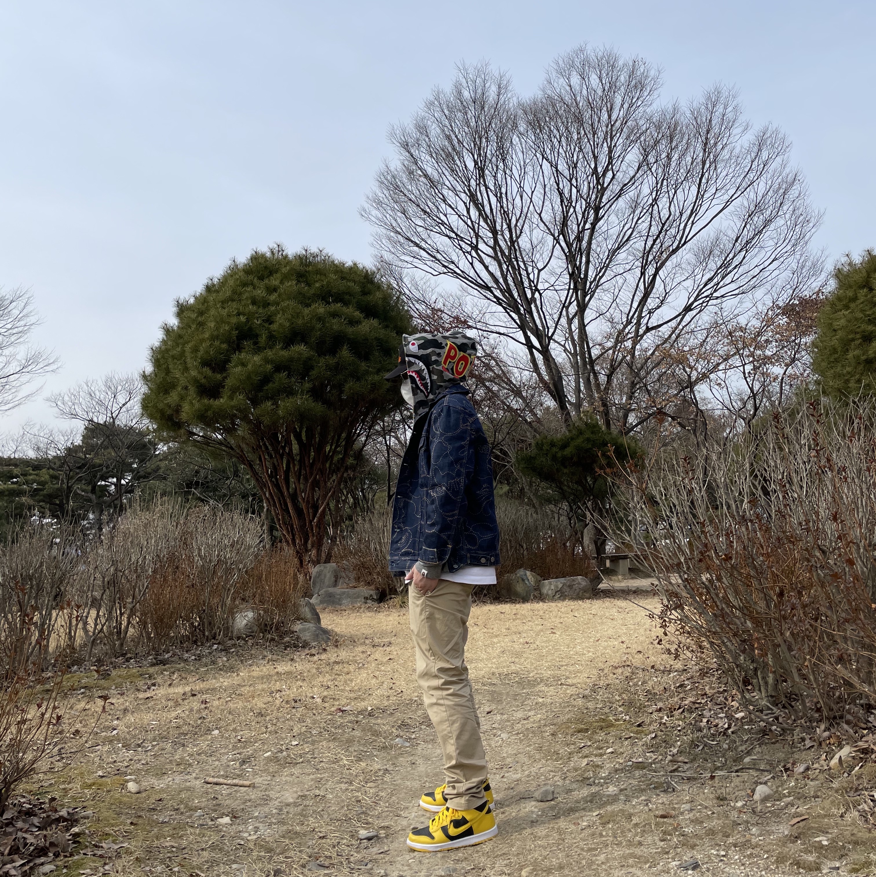 Nike Dunk High SP Varsity Maize, BAPE x Levi's Camo Trucker Jacket Indigo 착용 스타일 - 2