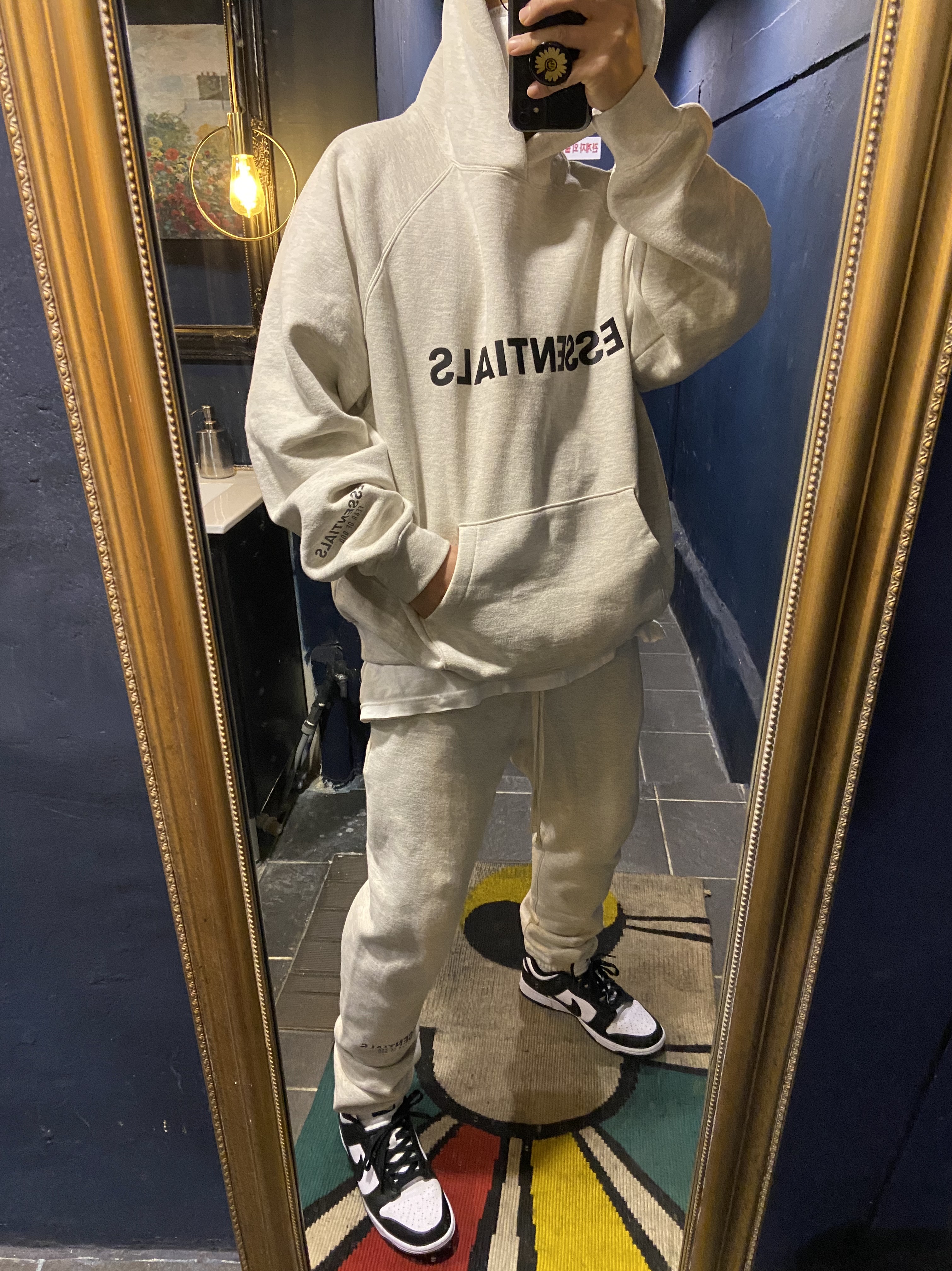 Essentials 3D Silicon Applique Pullover Hoodie Oatmeal/Oatmeal Heather/Light Heather Oatmeal 2020, Essentials Sweatpants Oatmeal/Oatmeal Heather/Light Heather Oatmeal 2020 착용 스타일