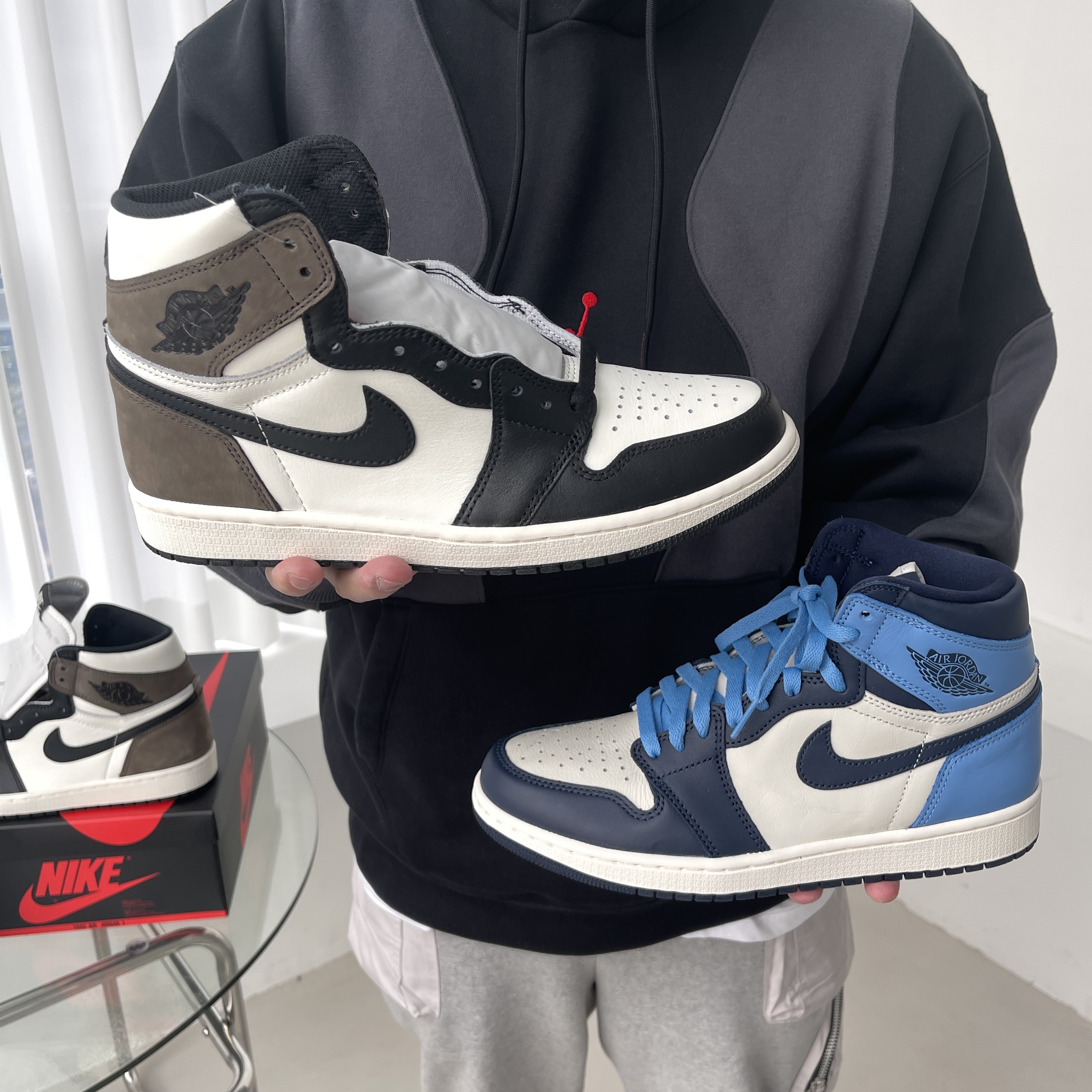 Jordan 1 Retro High Obsidian UNC, Jordan 1 Retro High OG Black Mocha 착용 스타일