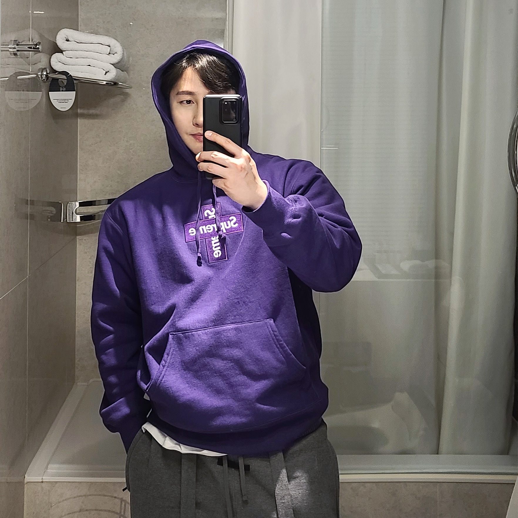 Supreme Cross Box Logo Hooded Sweatshirt Heather Grey - 20FW 착용 스타일