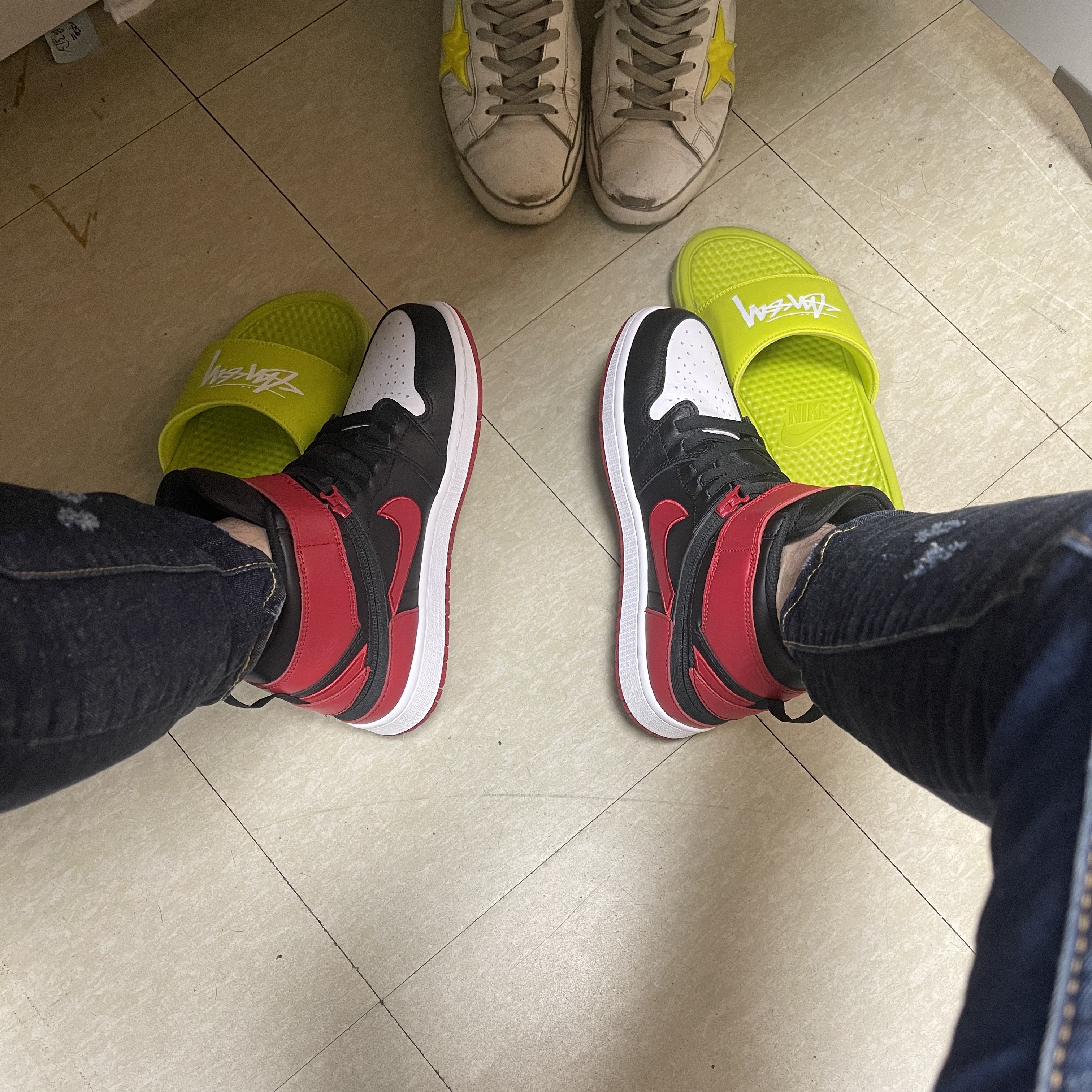 Jordan 1 High FlyEase Bred White Toe 착용 스타일