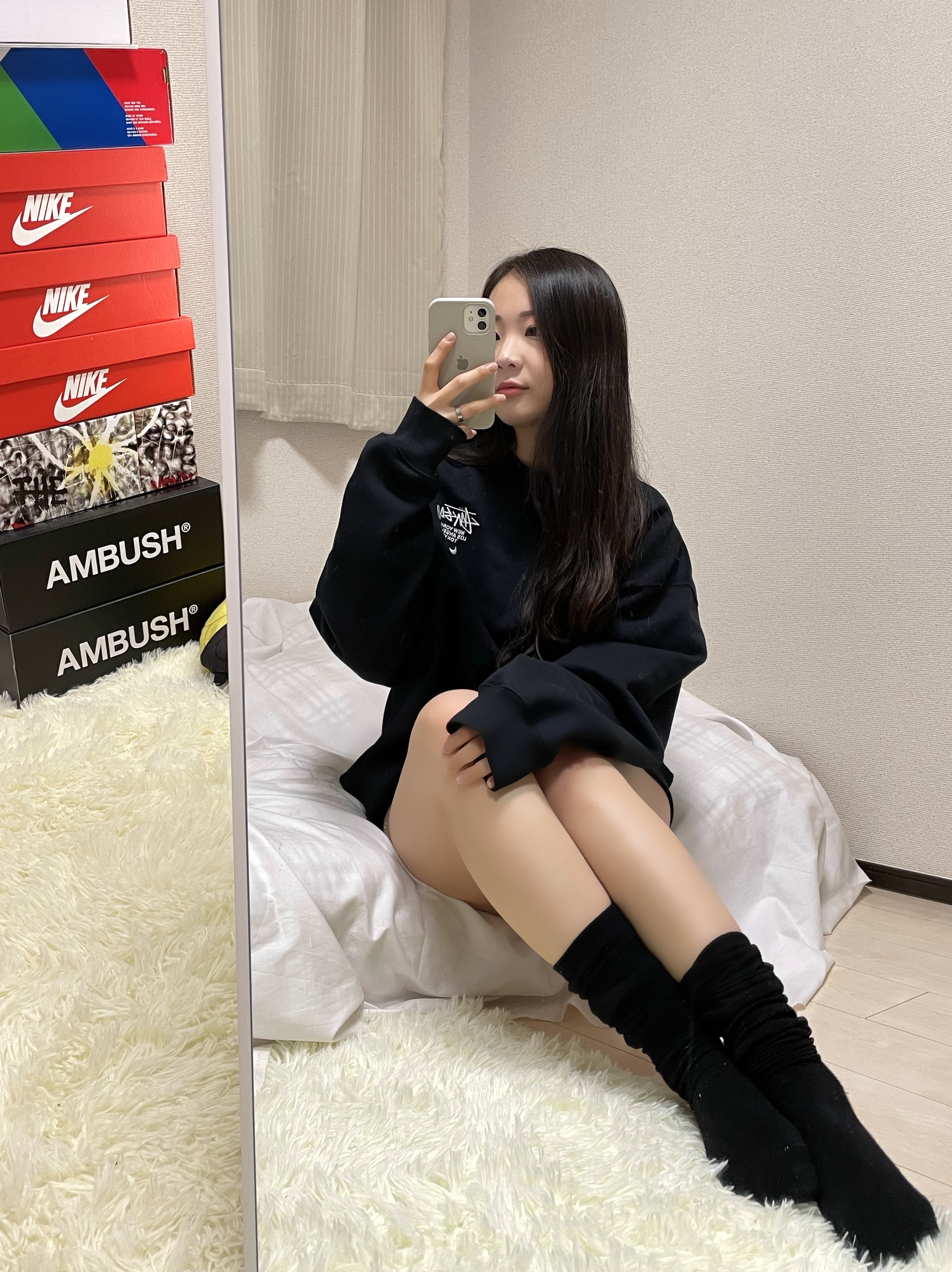 Nike x Stussy NRG ZR Fleece Crewneck Heather Grey - US/EU, Nike x Stussy NRG ZR Fleece Crewneck Black - US/EU 착용 스타일 - 1