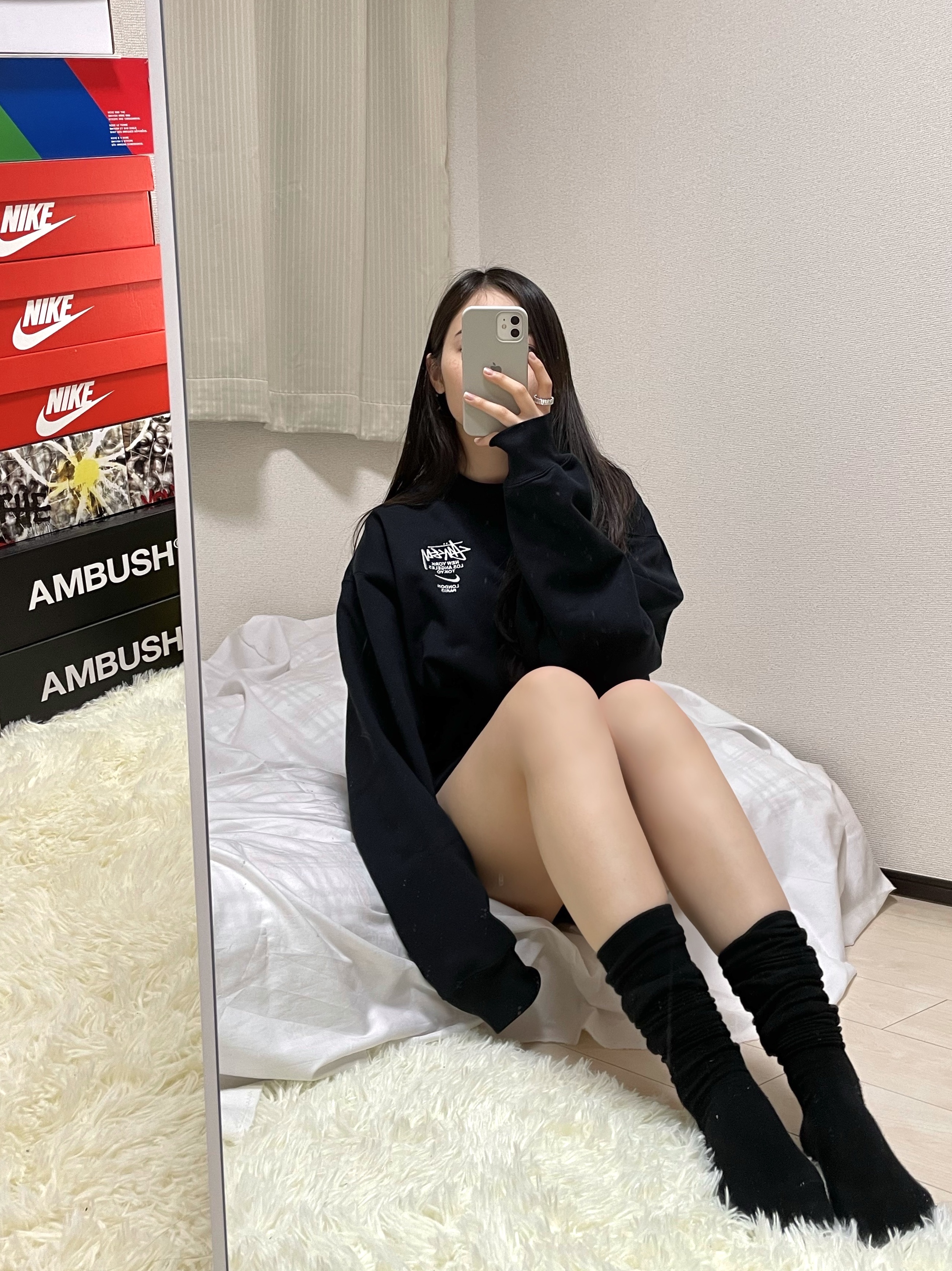Nike x Stussy NRG ZR Fleece Crewneck Heather Grey - US/EU, Nike x Stussy NRG ZR Fleece Crewneck Black - US/EU 착용 스타일 - 2