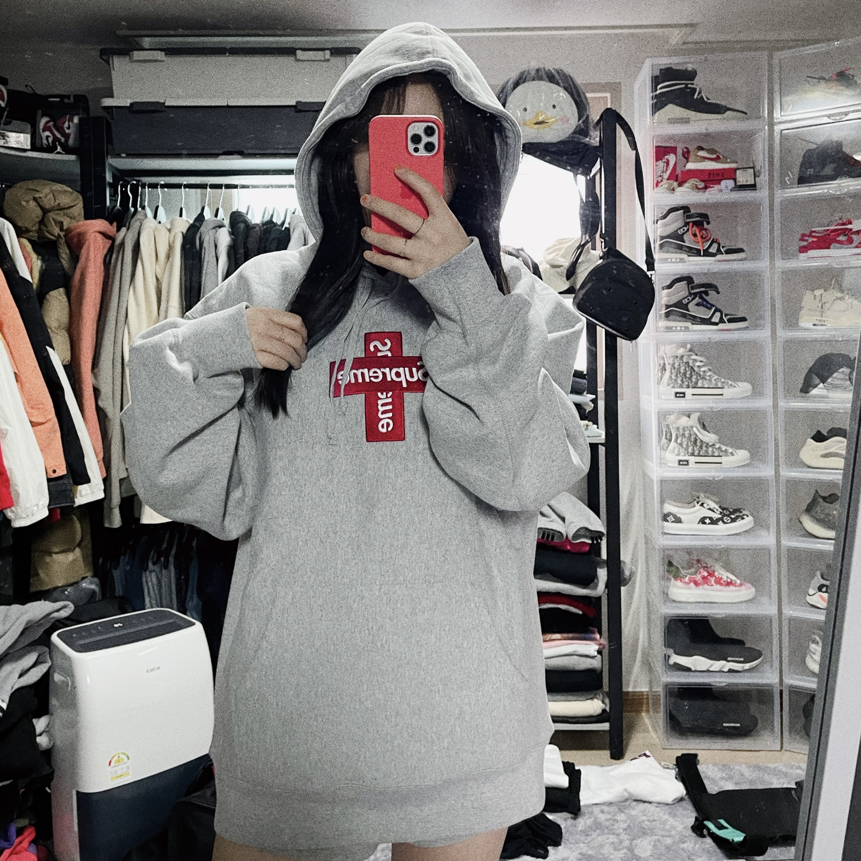 Supreme Cross Box Logo Hooded Sweatshirt Heather Grey - 20FW 착용 스타일