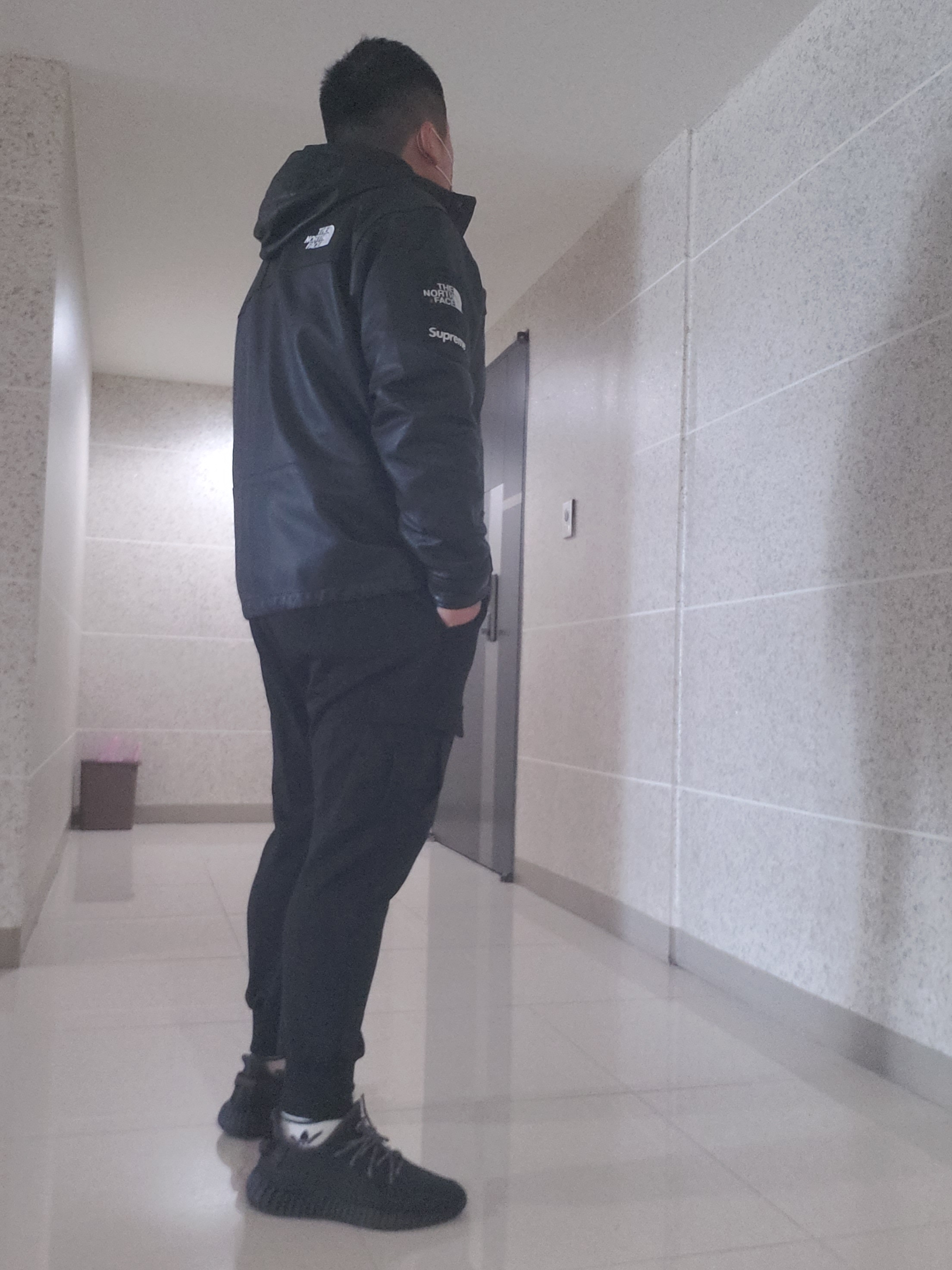 Adidas Yeezy Boost 350 V2 Black - Non-Reflective, Supreme x The North Face Leather Mountain Parka Black - 18FW 착용 스타일