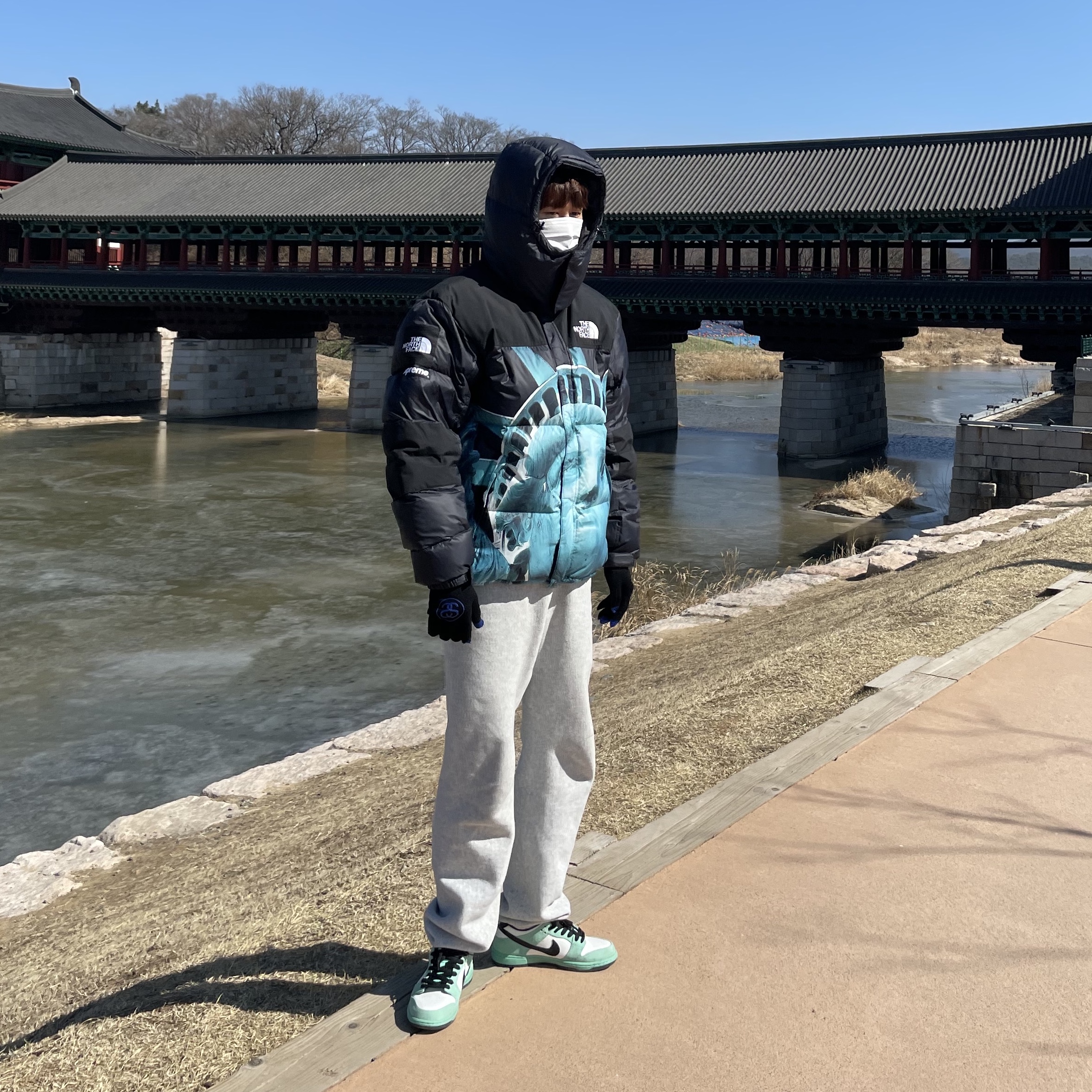 Supreme x The North Face Statue of Liberty Baltoro Jacket Black - 19FW, Nike Dunk SB Low Sea Crystal 착용 스타일