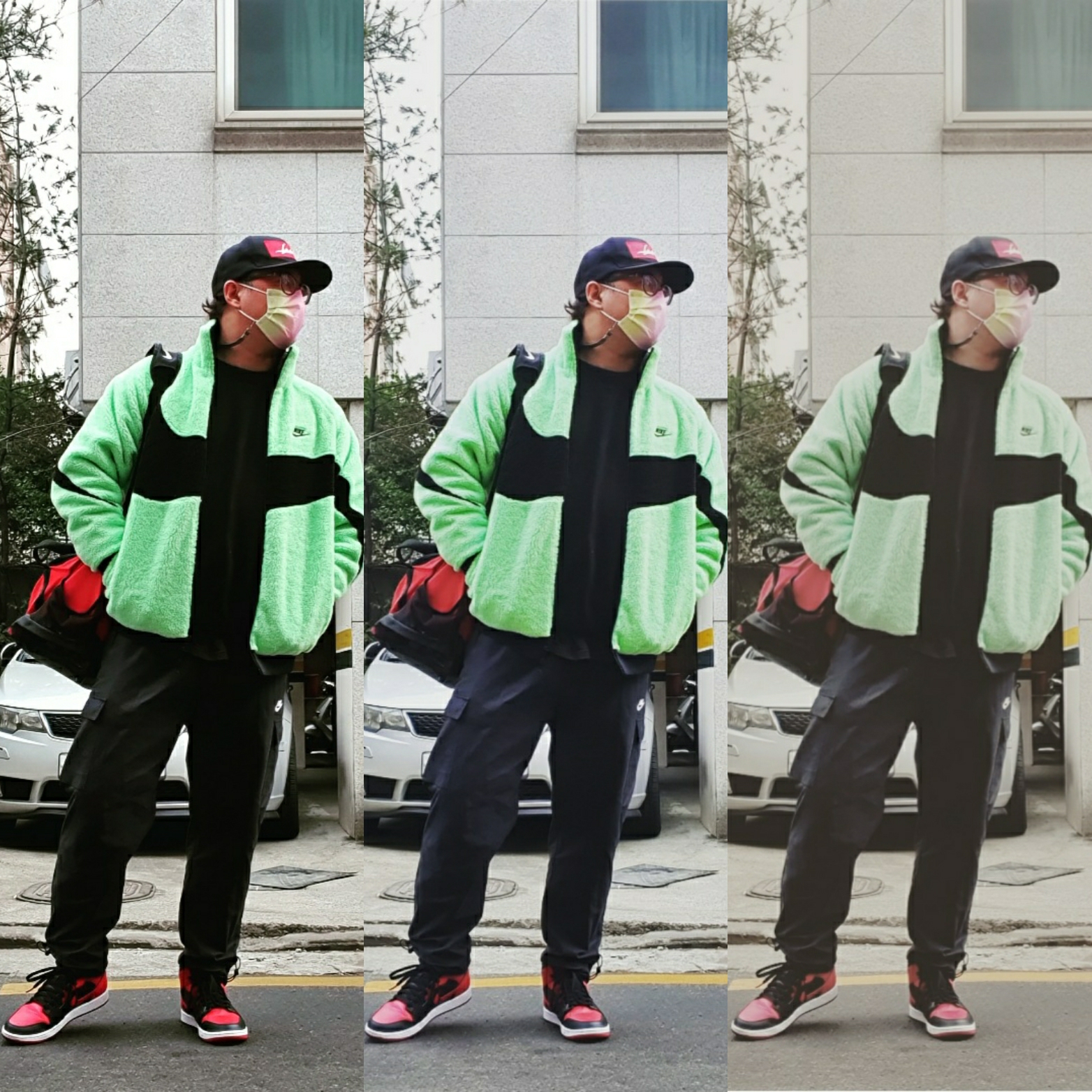 Jordan 1 Mid Bred Banned 2020, Nike Big Swoosh Full Zip Jacket Green Black 착용 스타일