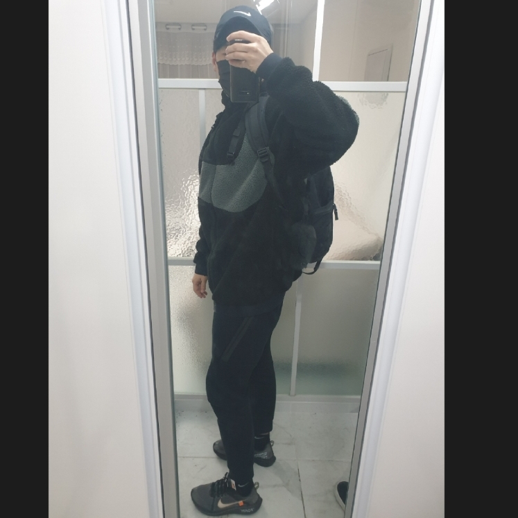Nike x Off-White Zoom Fly SP Black, Nike Big Swoosh Full Zip Jacket Black Anthracite 착용 스타일