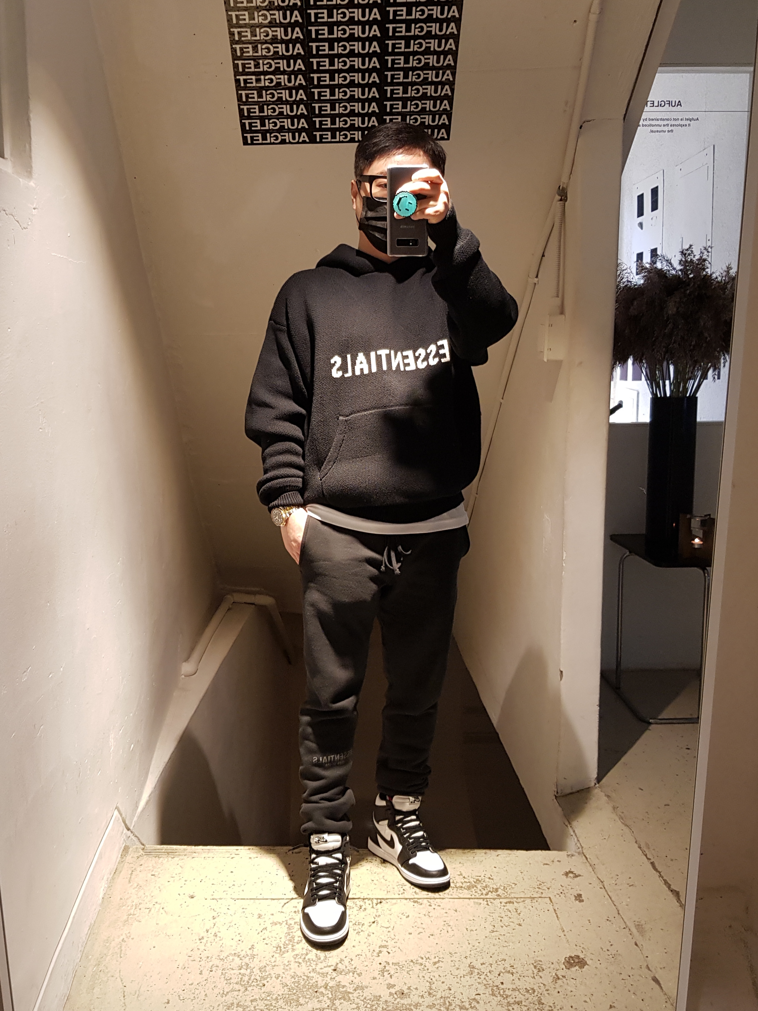 Jordan 1 Retro High OG Black White 2014, Essentials Knit Hoodie Black - 20FW 착용 스타일