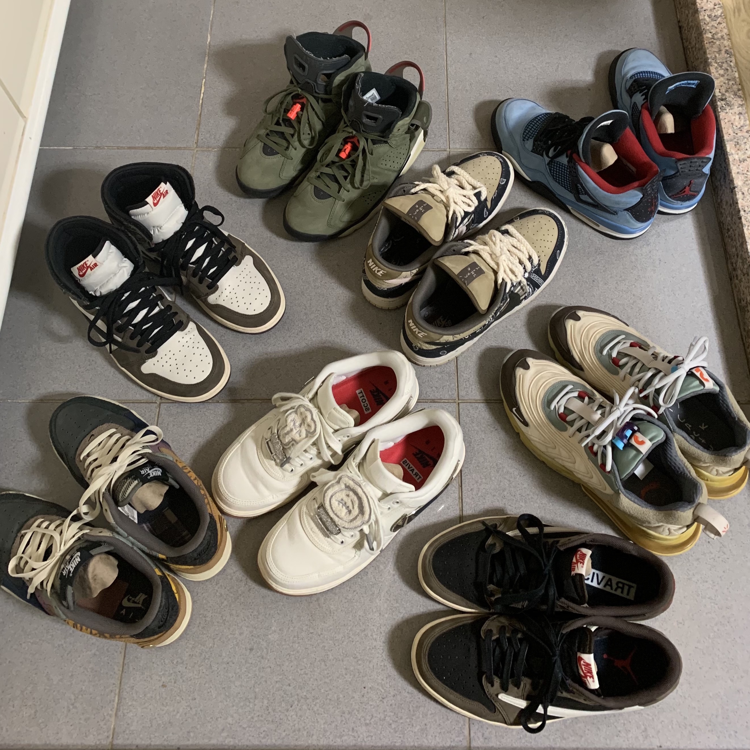 Jordan 6 x Travis Scott Retro Olive, Jordan 1 x Travis Scott Retro High OG SP Mocha 착용 스타일