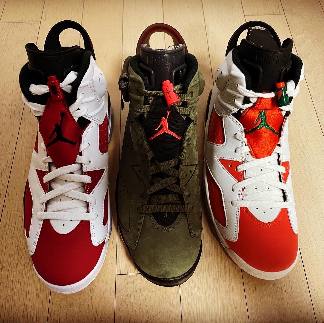 Jordan 6 x Travis Scott Retro Olive, Jordan 6 Retro Carmine 2021 착용 스타일 - 2