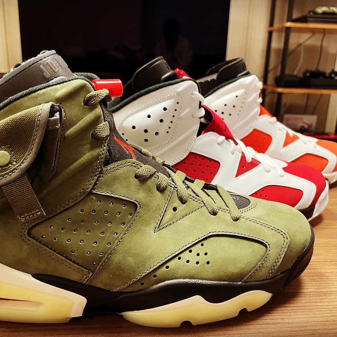 Jordan 6 x Travis Scott Retro Olive, Jordan 6 Retro Carmine 2021 착용 스타일 - 1