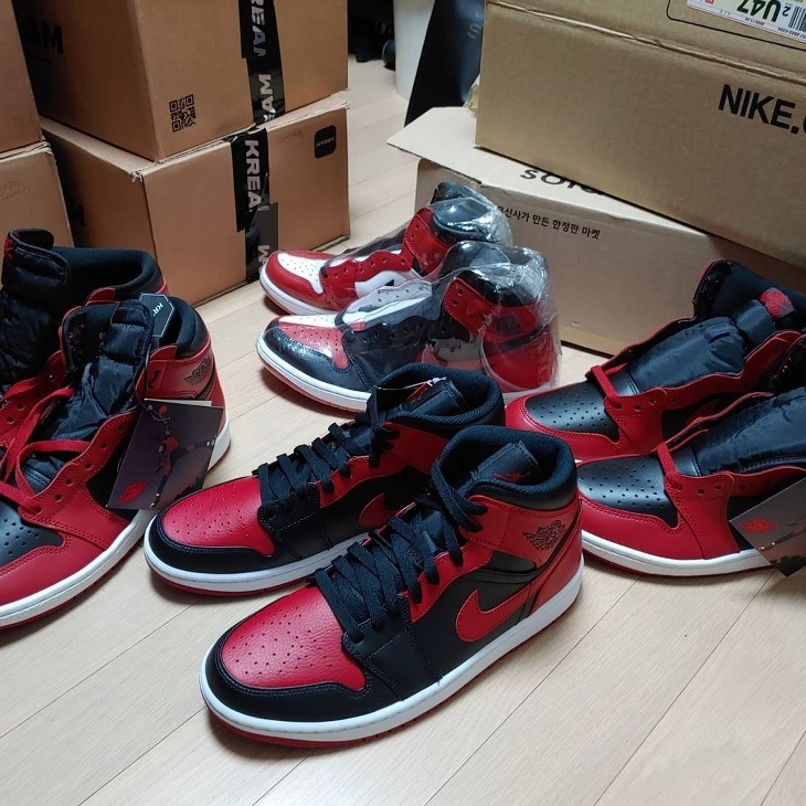 Jordan 1 High 85 Varsity Red, Jordan 1 Mid Bred Banned 2020 착용 스타일