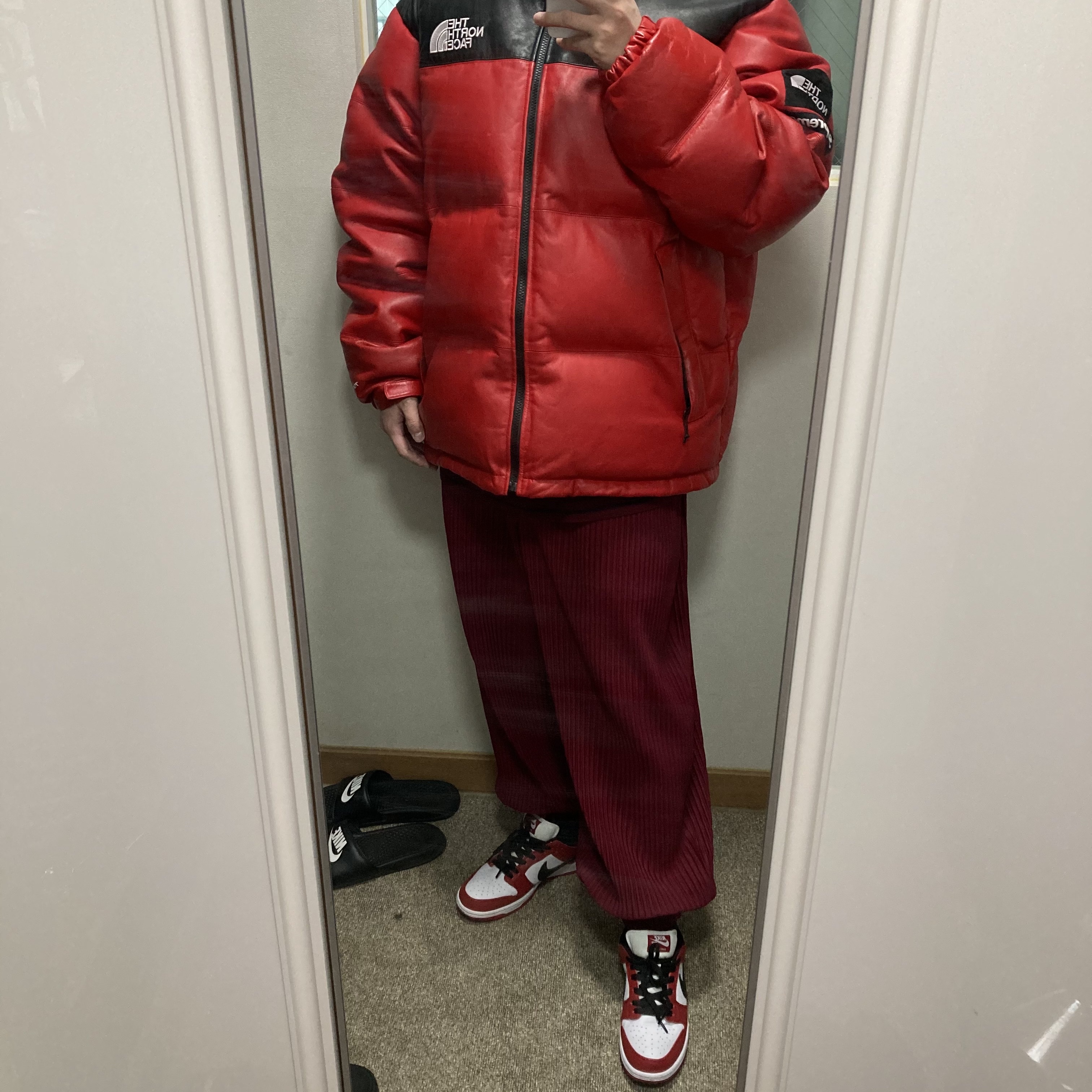 Supreme x The North Face Leather Nuptse Jacket Red - 17FW, Nike SB Dunk Low Pro Chicago 착용 스타일 - 1