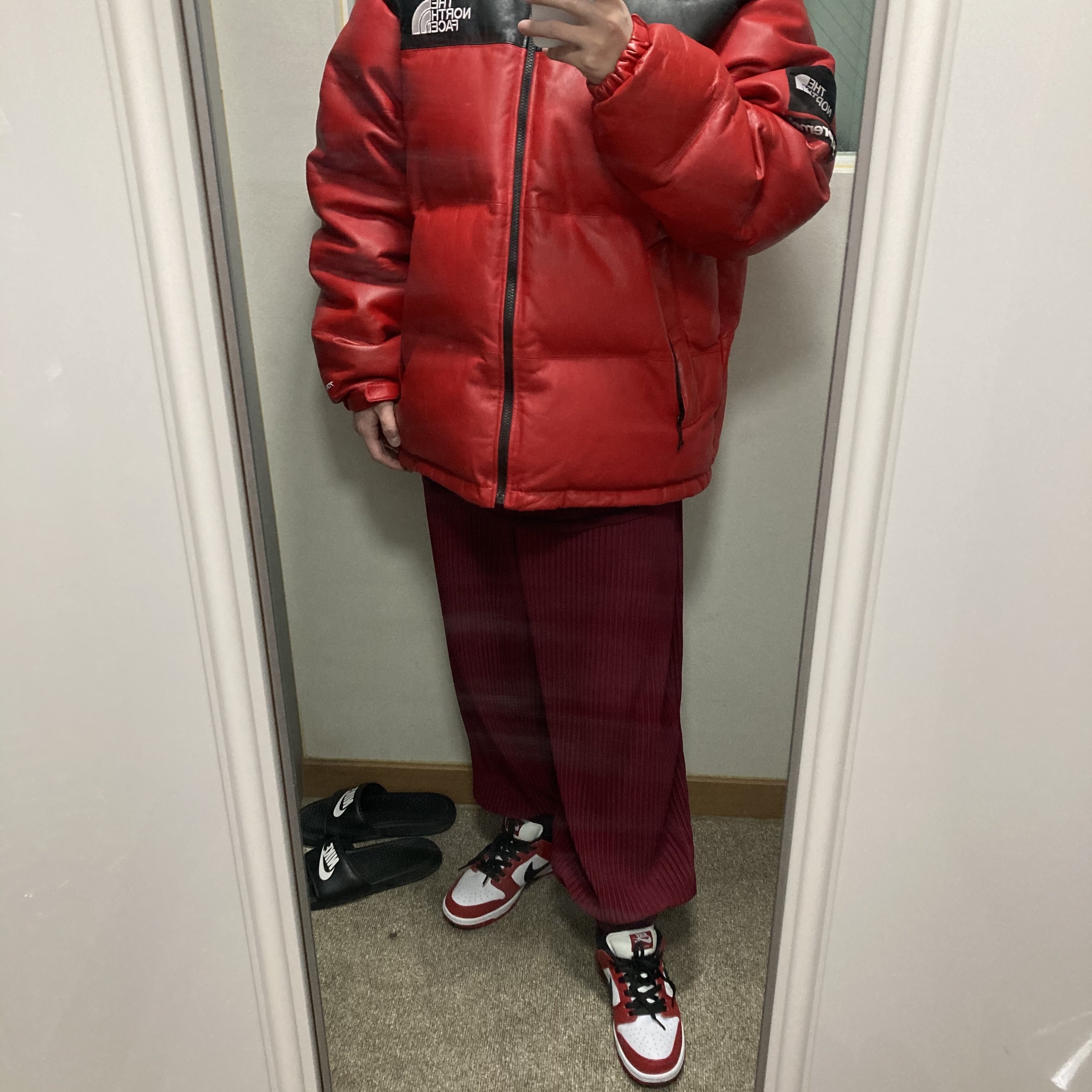 Supreme x The North Face Leather Nuptse Jacket Red - 17FW, Nike SB Dunk Low Pro Chicago 착용 스타일 - 2