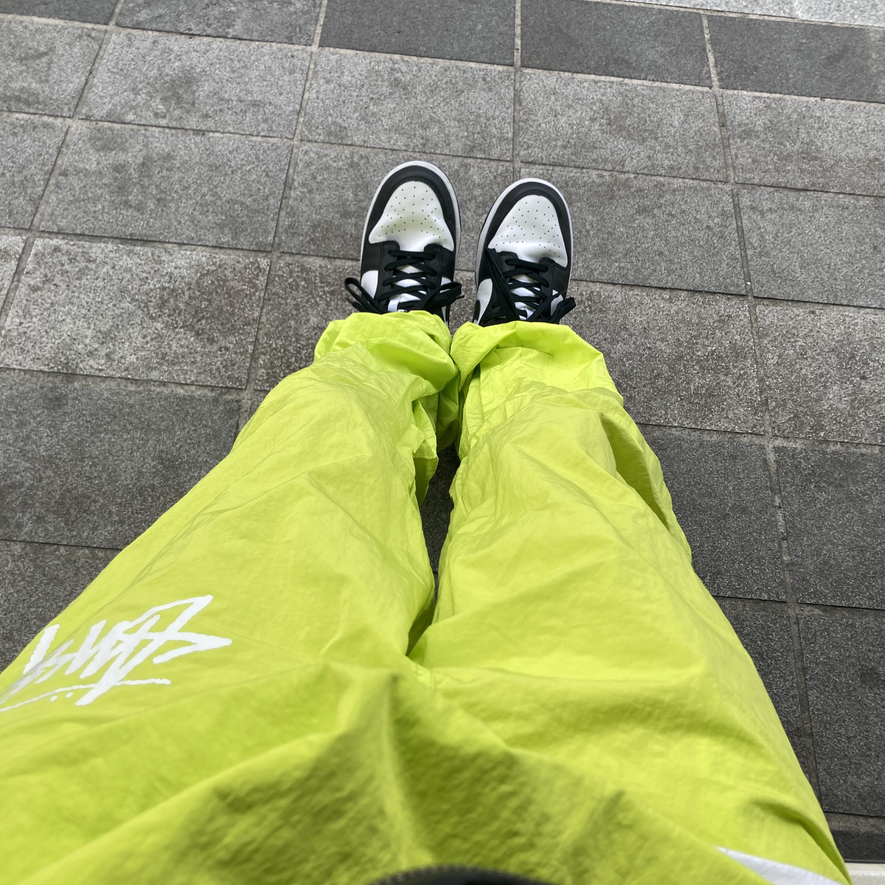Nike x Stussy Beach Pants Bright Cactus, Nike Dunk Low Retro Black 착용 스타일