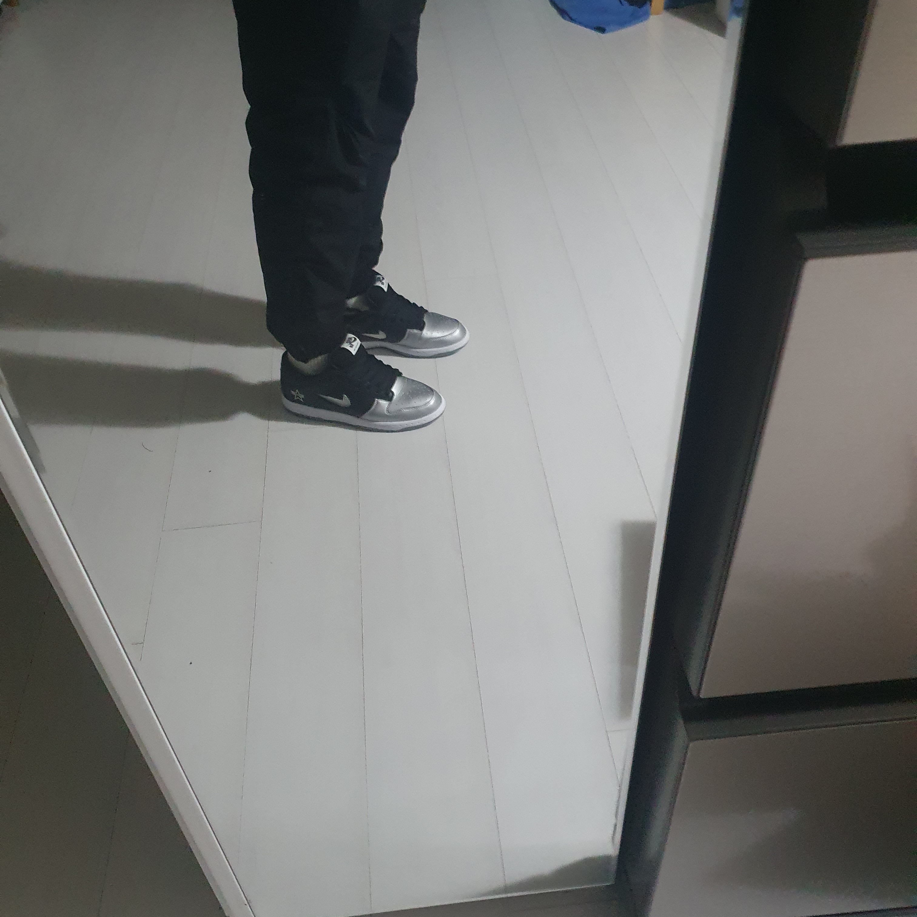 Nike x Supreme SB Dunk Low Jewel Swoosh Silver 착용 스타일 - 3