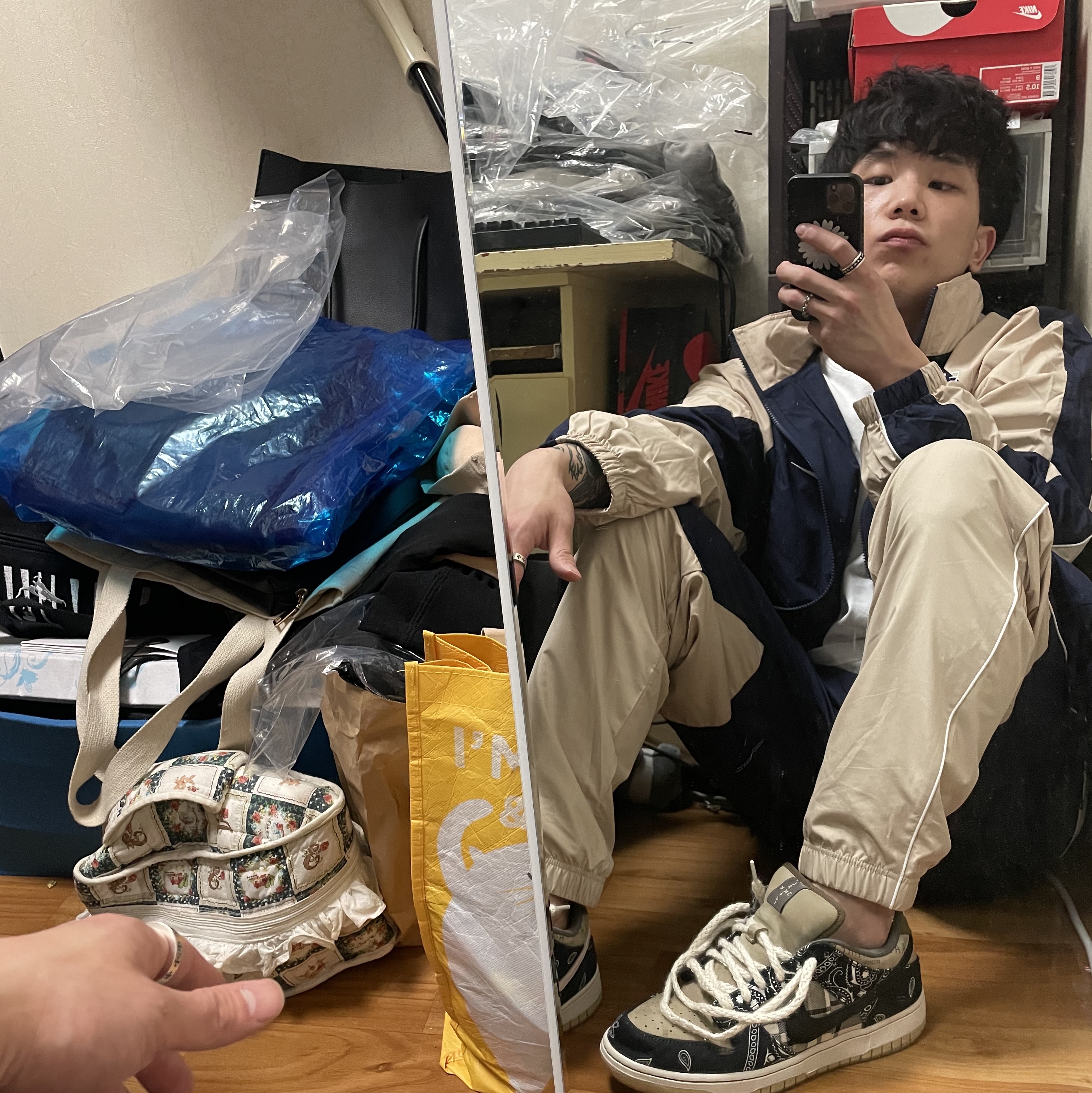 Nike x Travis Scott SB Dunk Low, Nike x Cav Empt Track Jacket Navy 착용 스타일 - 3
