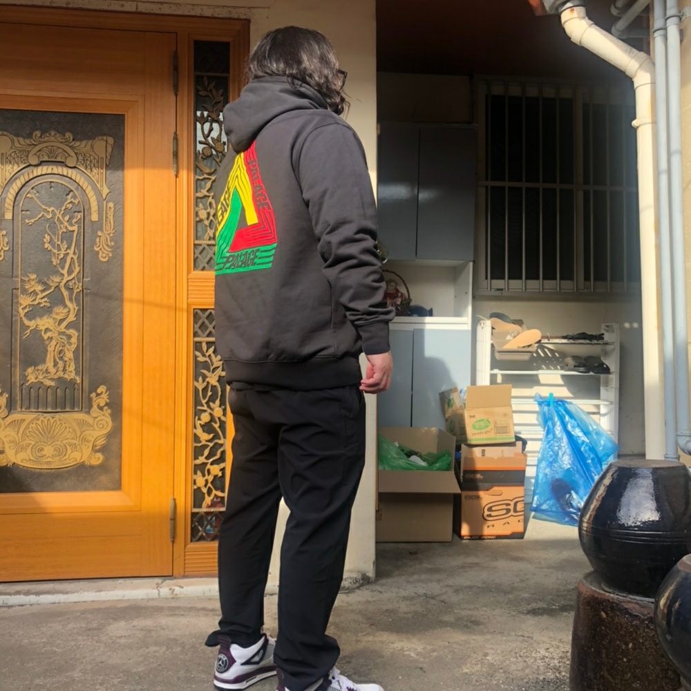 Palace Tri-Dart Hood Black - 20FW, Jordan 4 x Paris Saint-Germain Retro Neutral Grey Bordeaux 착용 스타일